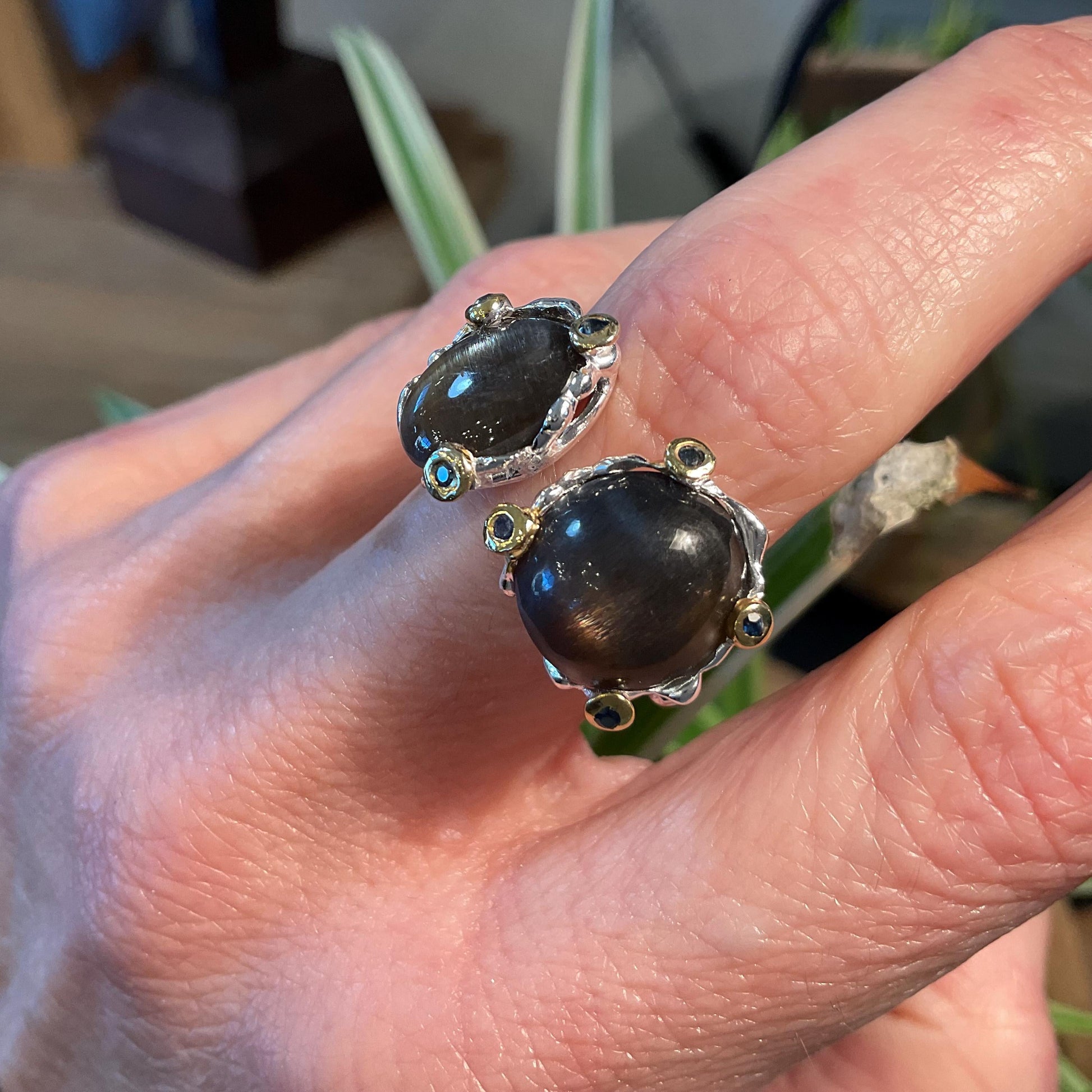 Sunstone Cat eye sapphire Sterling Silver artisan cuff ring open Ring 8 9 Colors Of Etnika