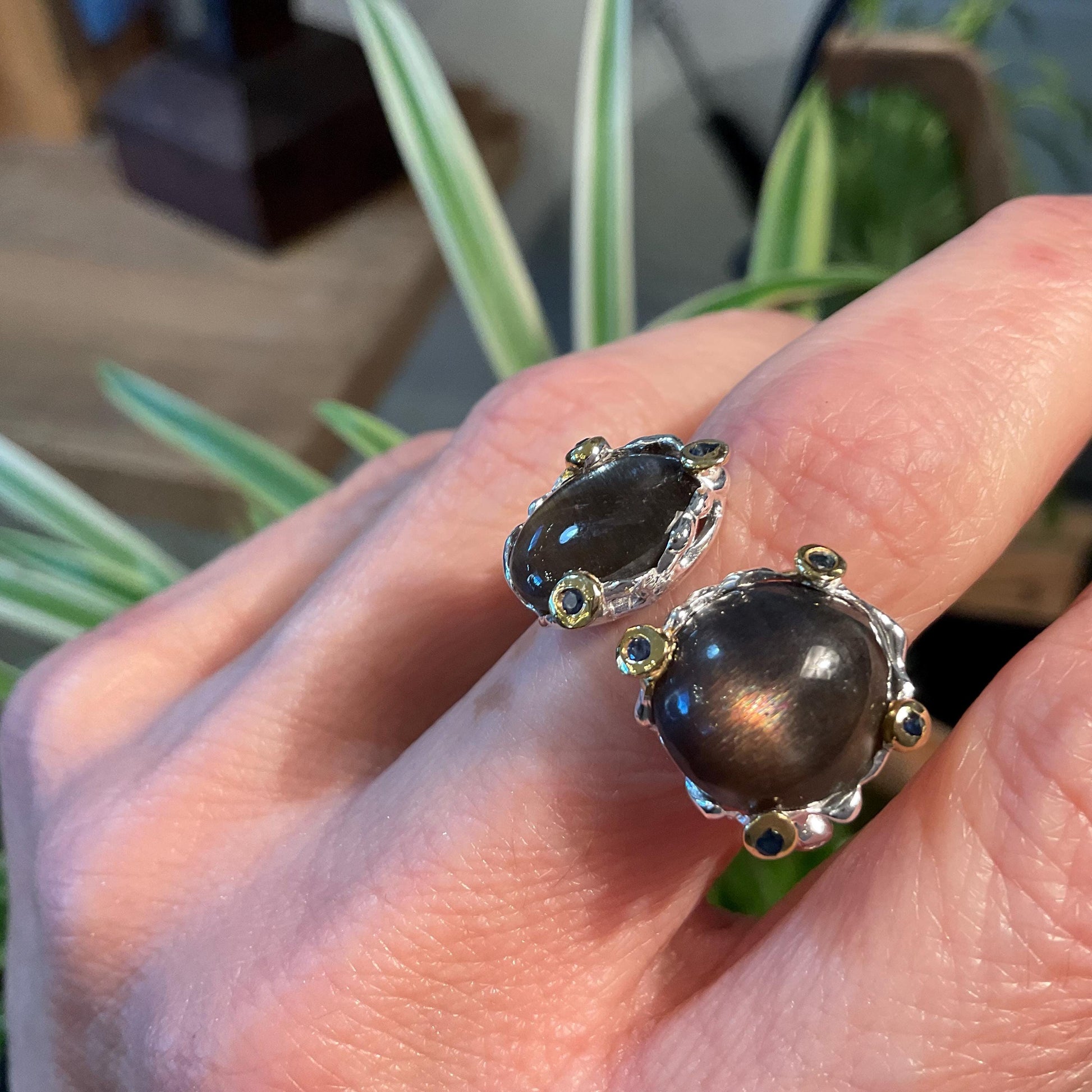 Sunstone Cat eye sapphire Sterling Silver artisan cuff ring open Ring 8 9 Colors Of Etnika