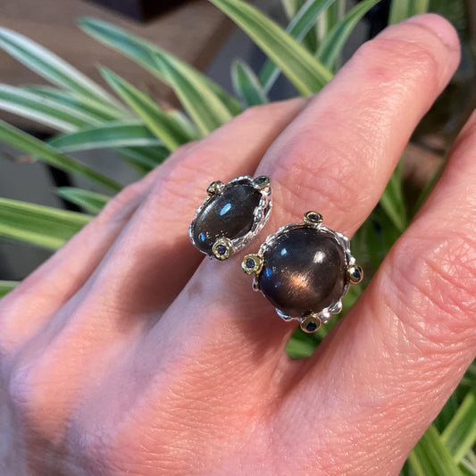 Sunstone Cat eye sapphire Sterling Silver artisan cuff ring open Ring 8 9
