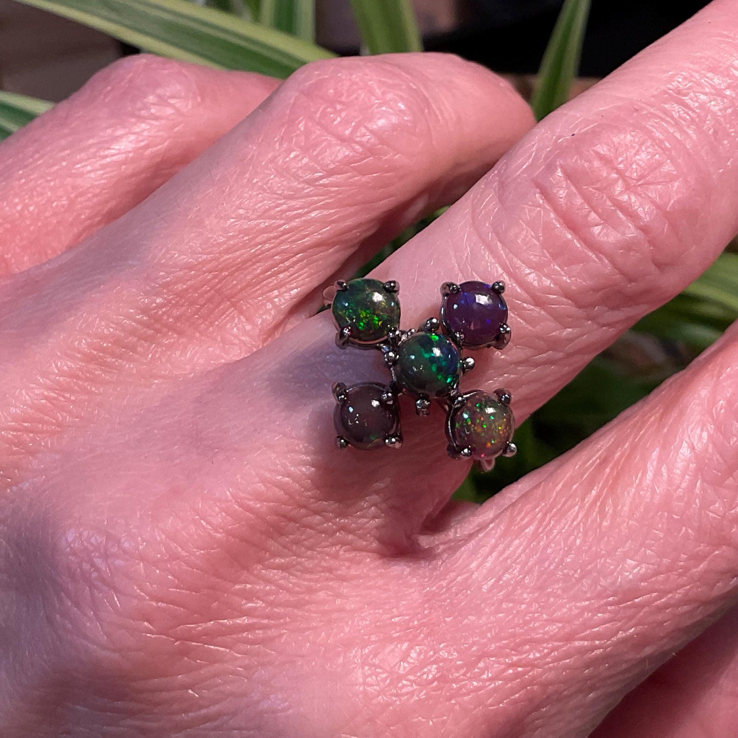 Sterling Silver Black flash black Opal Cross  Ring Size 6.5 Colors Of Etnika