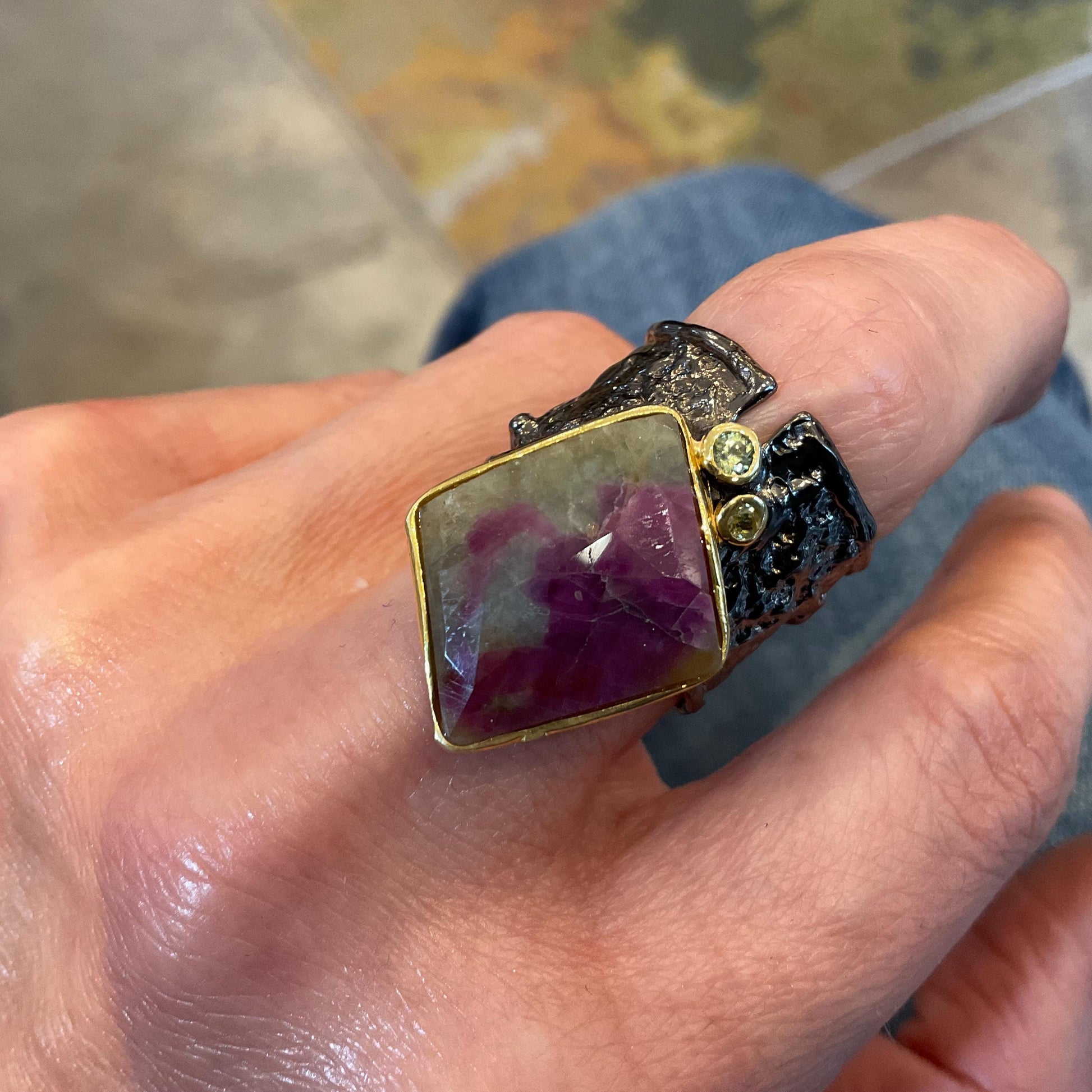 Sterling silver natural ruby zoisite wide band ring 8 Colors Of Etnika