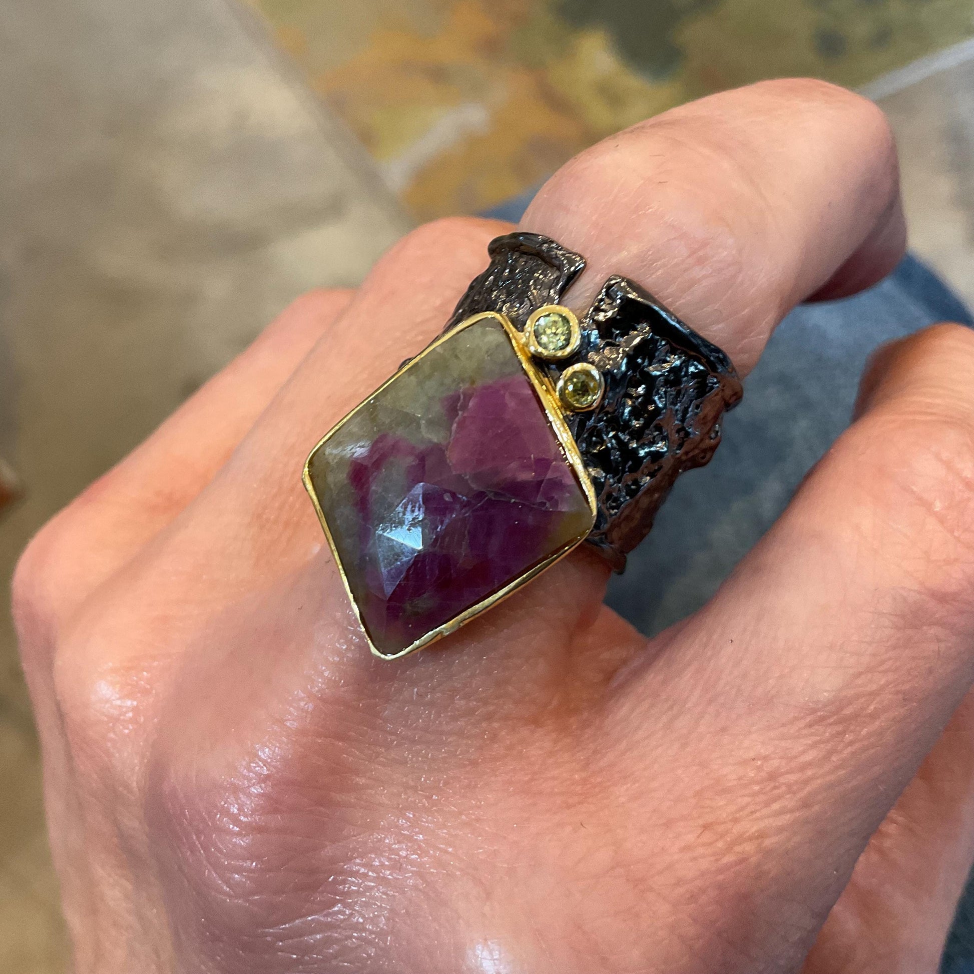 Sterling silver natural ruby zoisite wide band ring 8 Colors Of Etnika