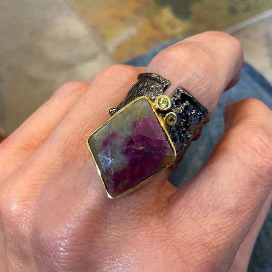 Sterling silver natural ruby zoisite wide band ring 8