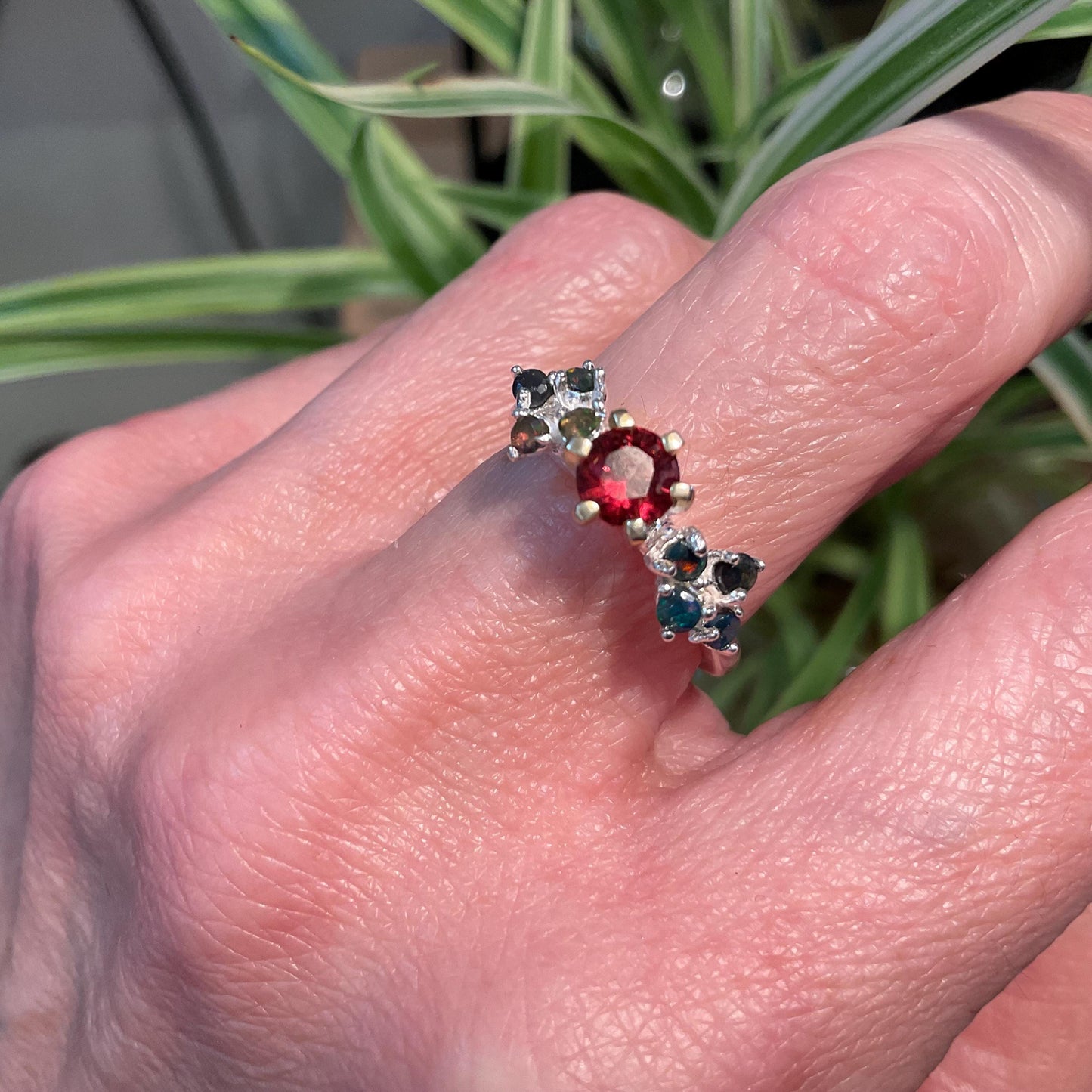 sterling silver red garnet black fire opal  ring 6.5 Colors Of Etnika