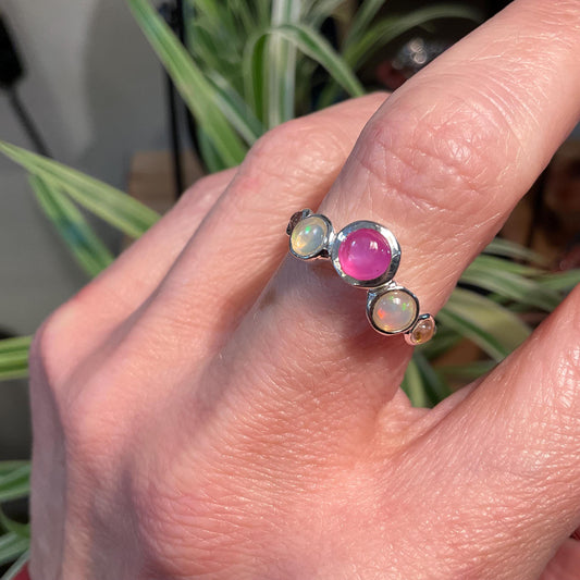 Sterling Silver Fire rainbow opal ruby band Ring 6.5