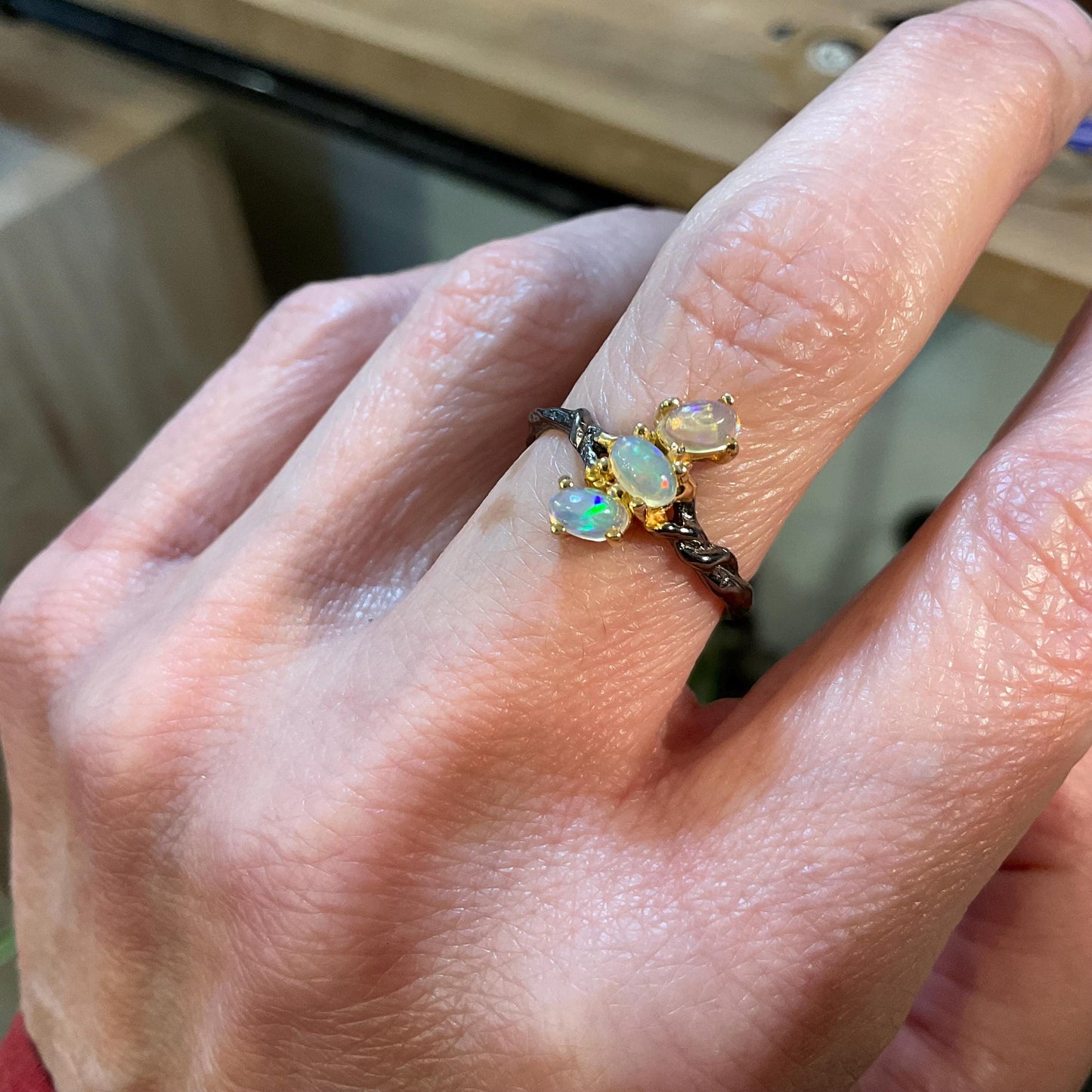 Sterling Silver rainbow Opal Artisan dainty stacking ring 6 Colors Of Etnika