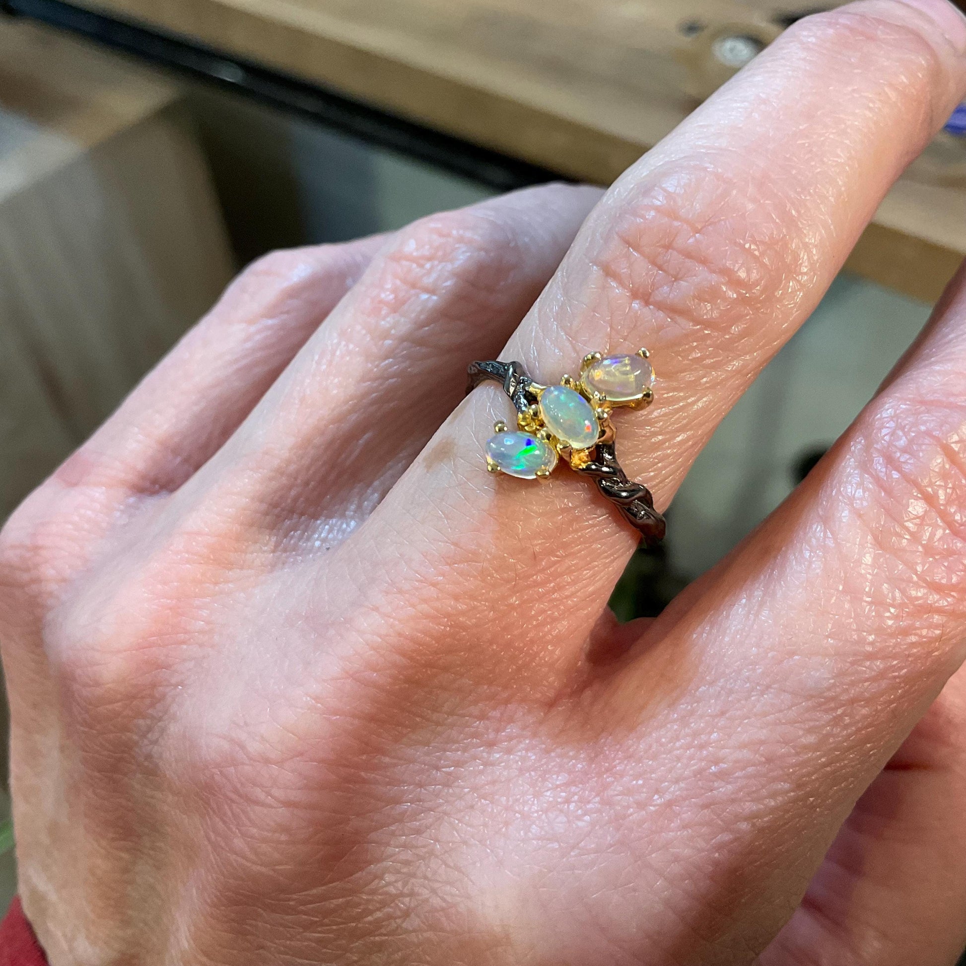 Sterling Silver rainbow Opal Artisan dainty stacking ring 6 Colors Of Etnika