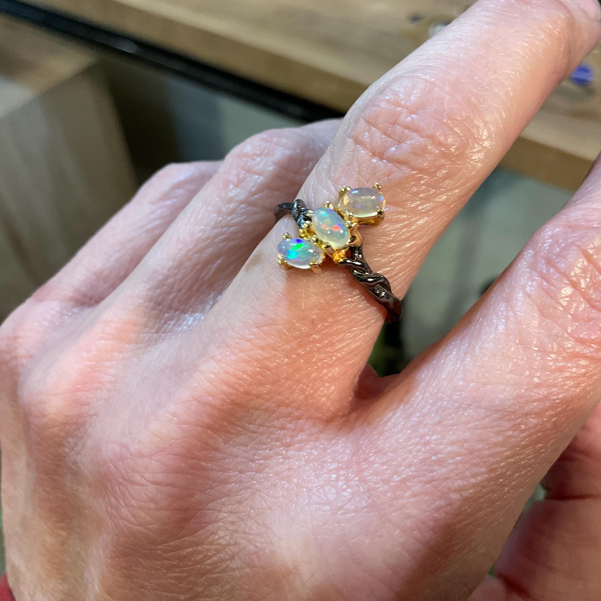 Sterling Silver rainbow Opal Artisan dainty stacking ring 6 Colors Of Etnika