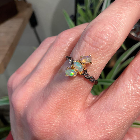 Sterling Silver rainbow Opal Artisan dainty stacking ring 6