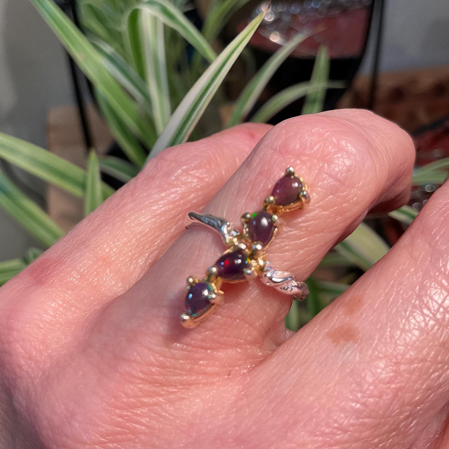 Sterling Silver black fire Opal Artisan dainty ring 5.5 Colors Of Etnika