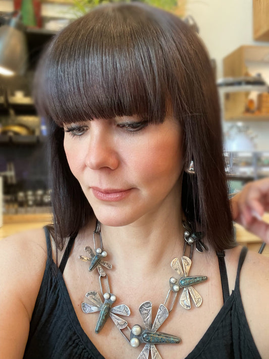 Sterling silver azurite pearl drangonfly coin necklace