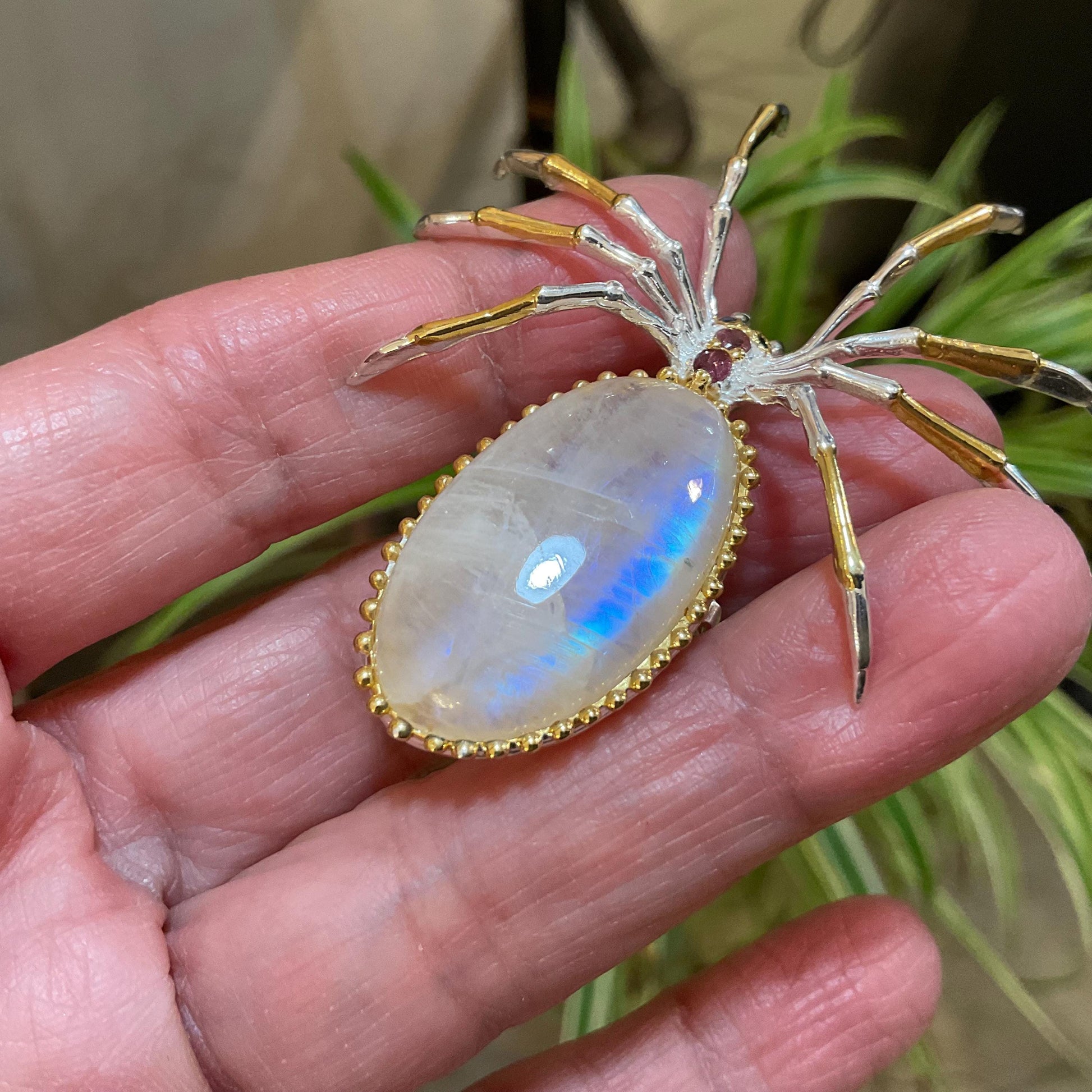 Sterling silver natural moonstone brooch pendant pin spider Colors Of Etnika