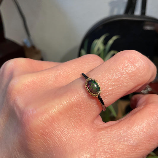 Sterling Silver black fire Opal Artisan dainty ring 6.5