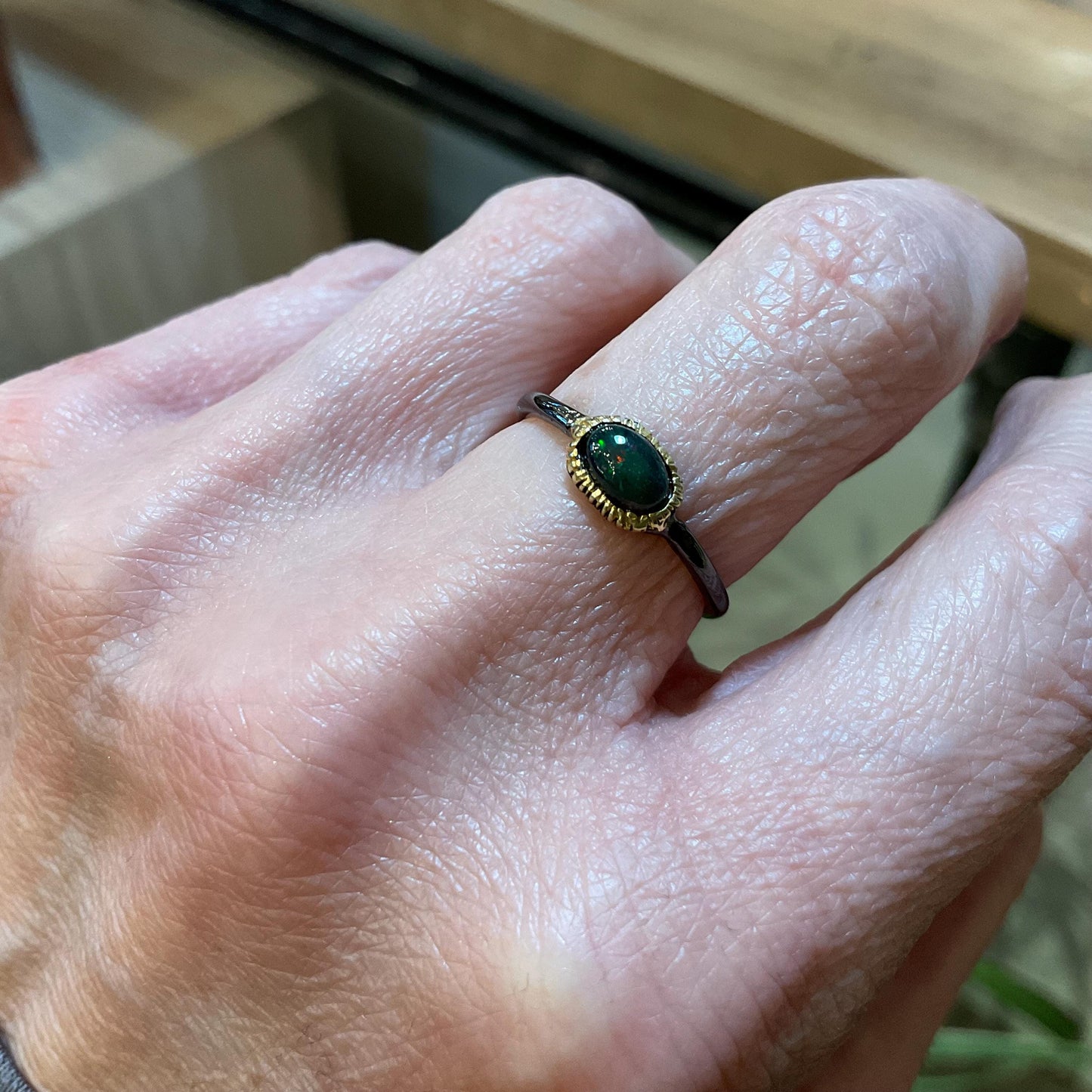 Sterling Silver black fire Opal Artisan dainty ring 6.5 Colors Of Etnika