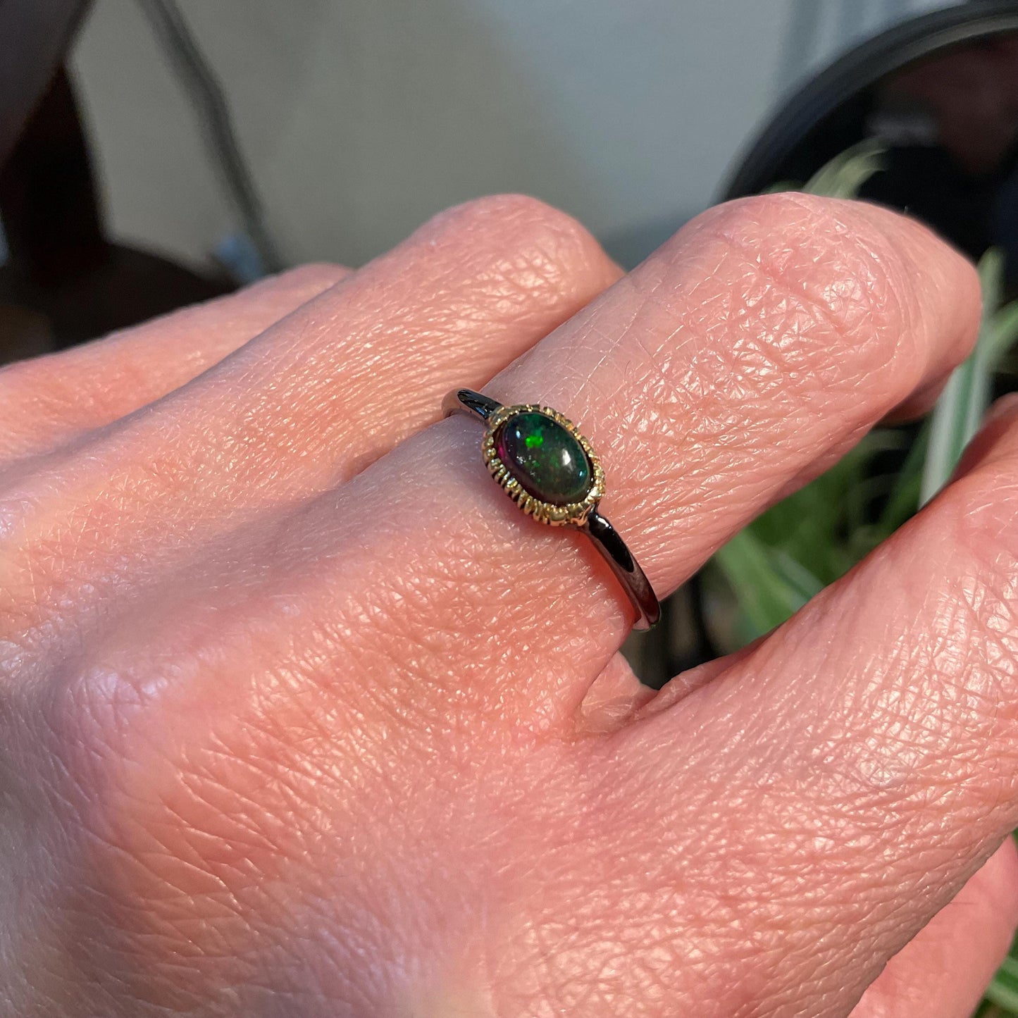 Sterling Silver black fire Opal Artisan dainty ring 6.5 Colors Of Etnika
