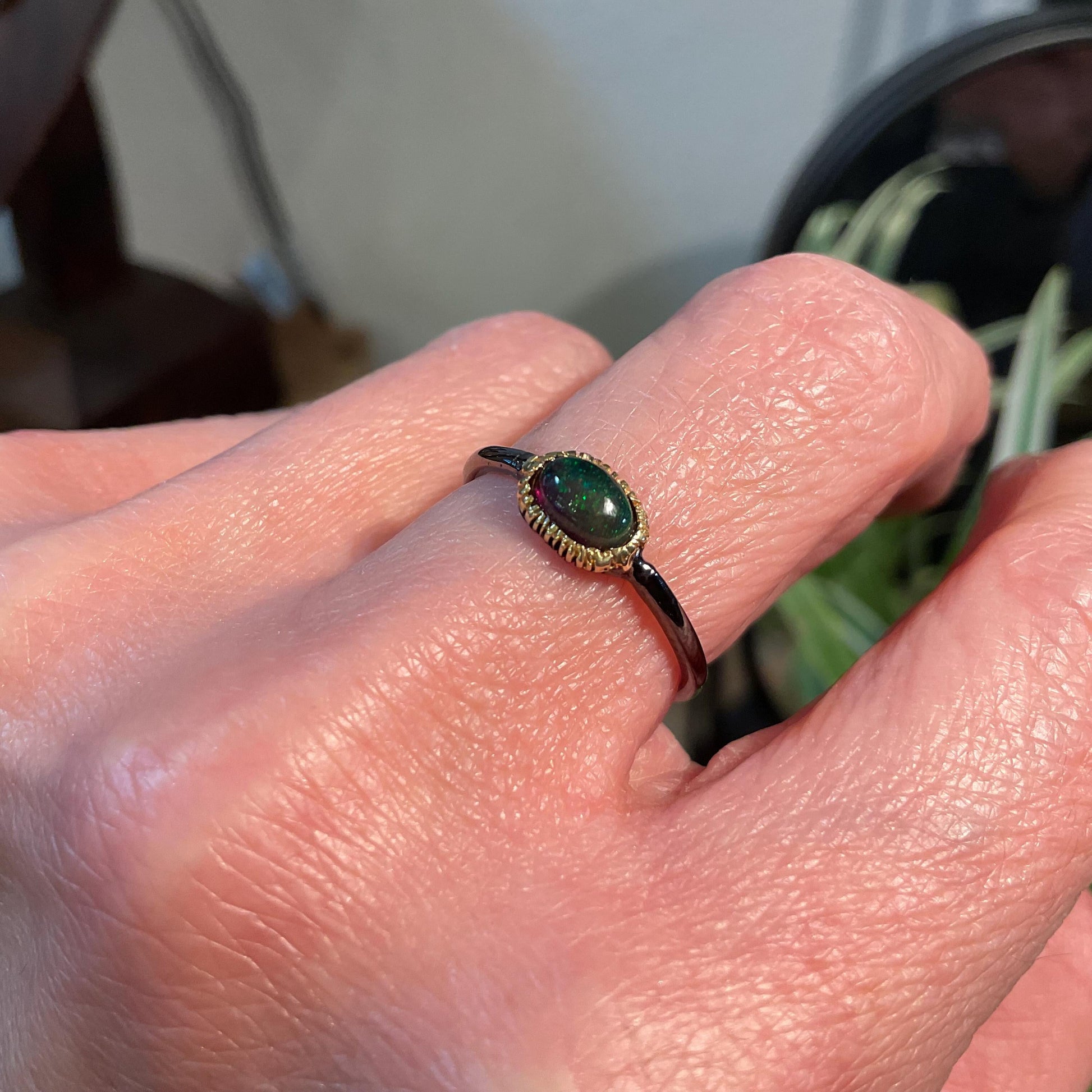 Sterling Silver black fire Opal Artisan dainty ring 6.5 Colors Of Etnika