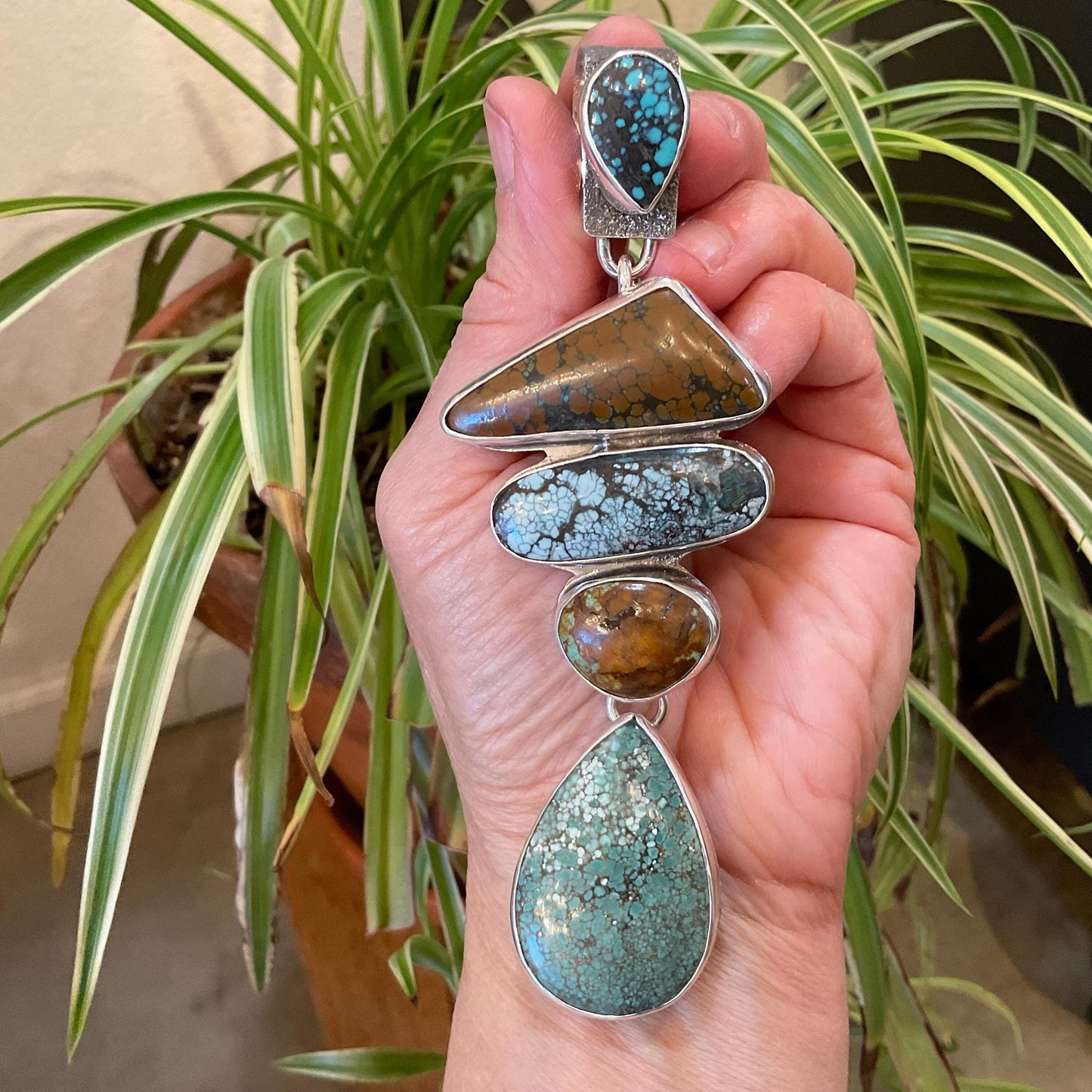 Sterling silver mix turquoise enhancer statement 5” organic pendant Colors Of Etnika