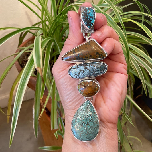 Sterling silver mix turquoise enhancer statement 5” organic pendant