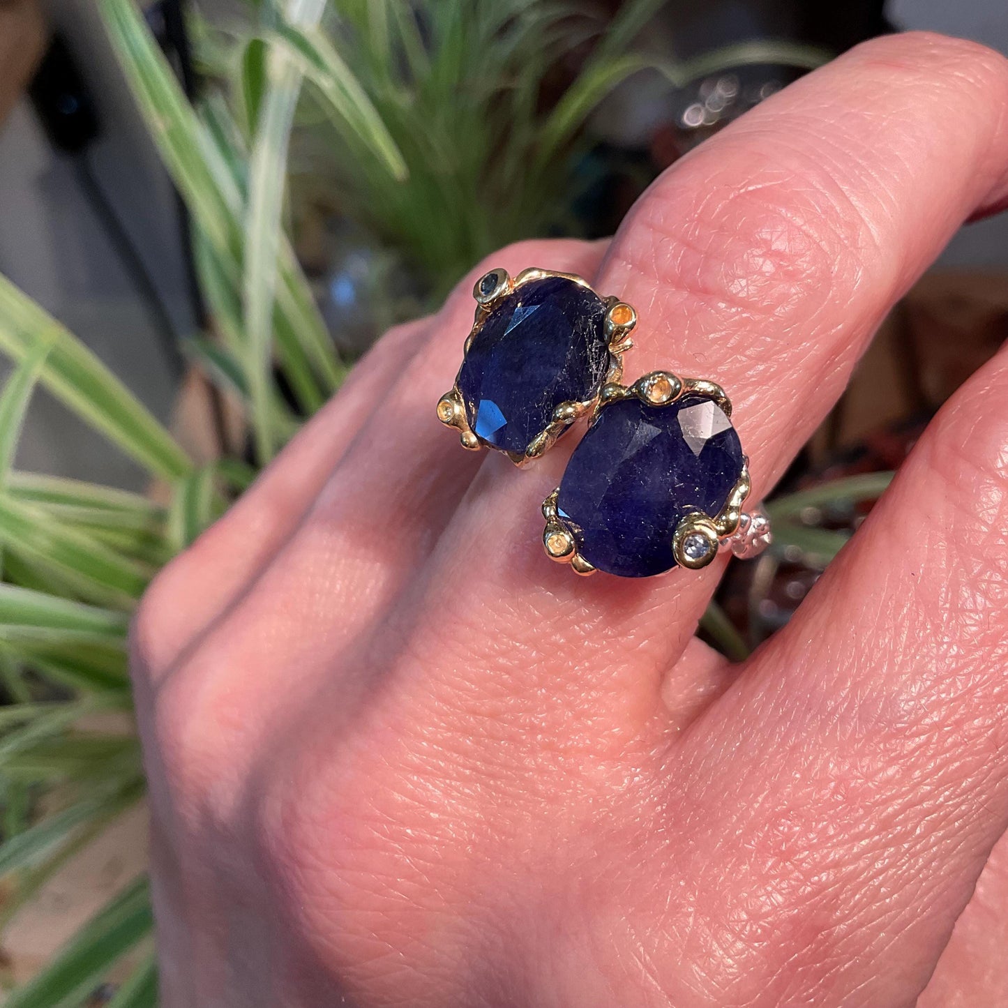 sterling silver natural twig organic blue sapphire open adjustable ring 7 8 9 Colors Of Etnika
