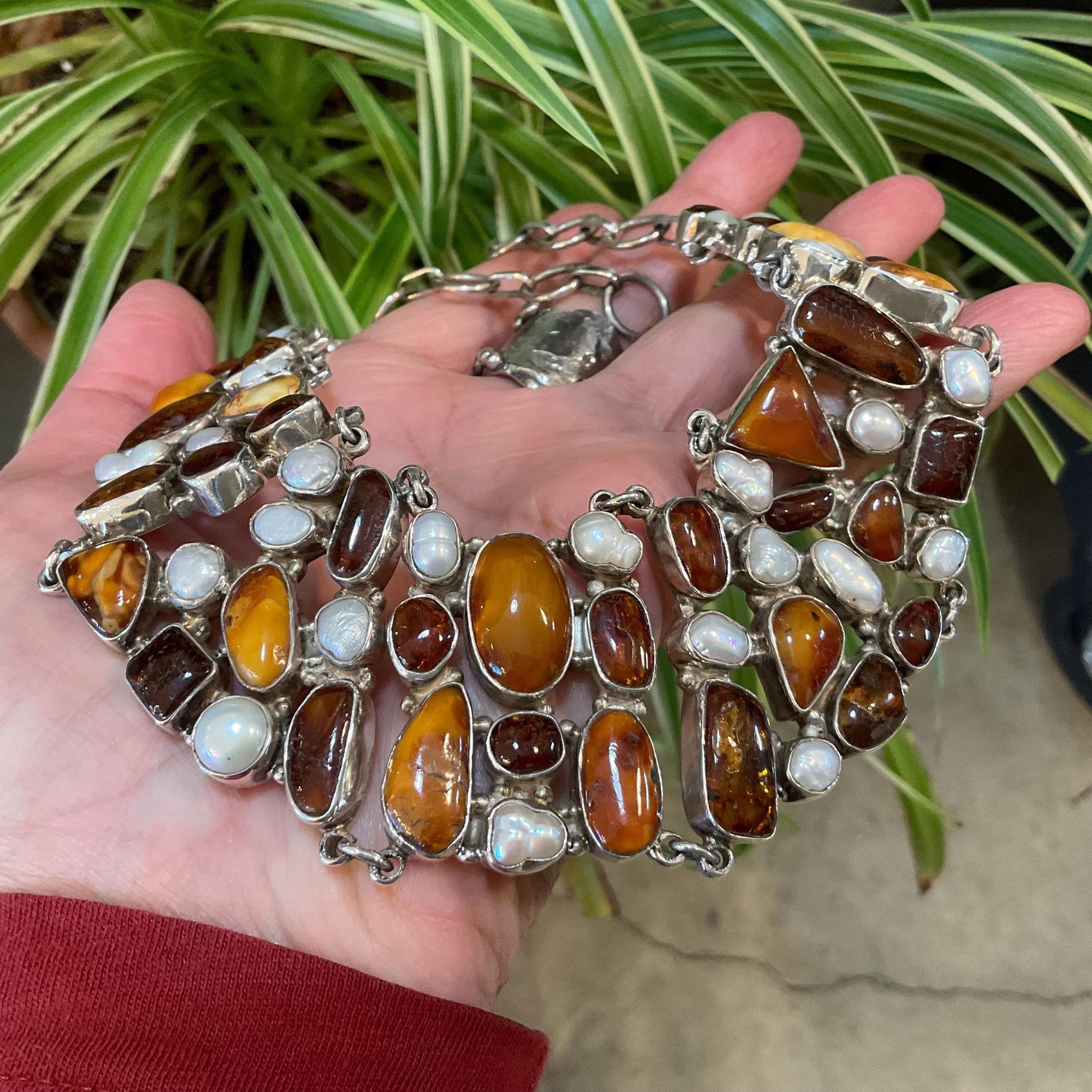 Sterling silver natural pearl natural Baltic amber collar choker necklace Colors Of Etnika