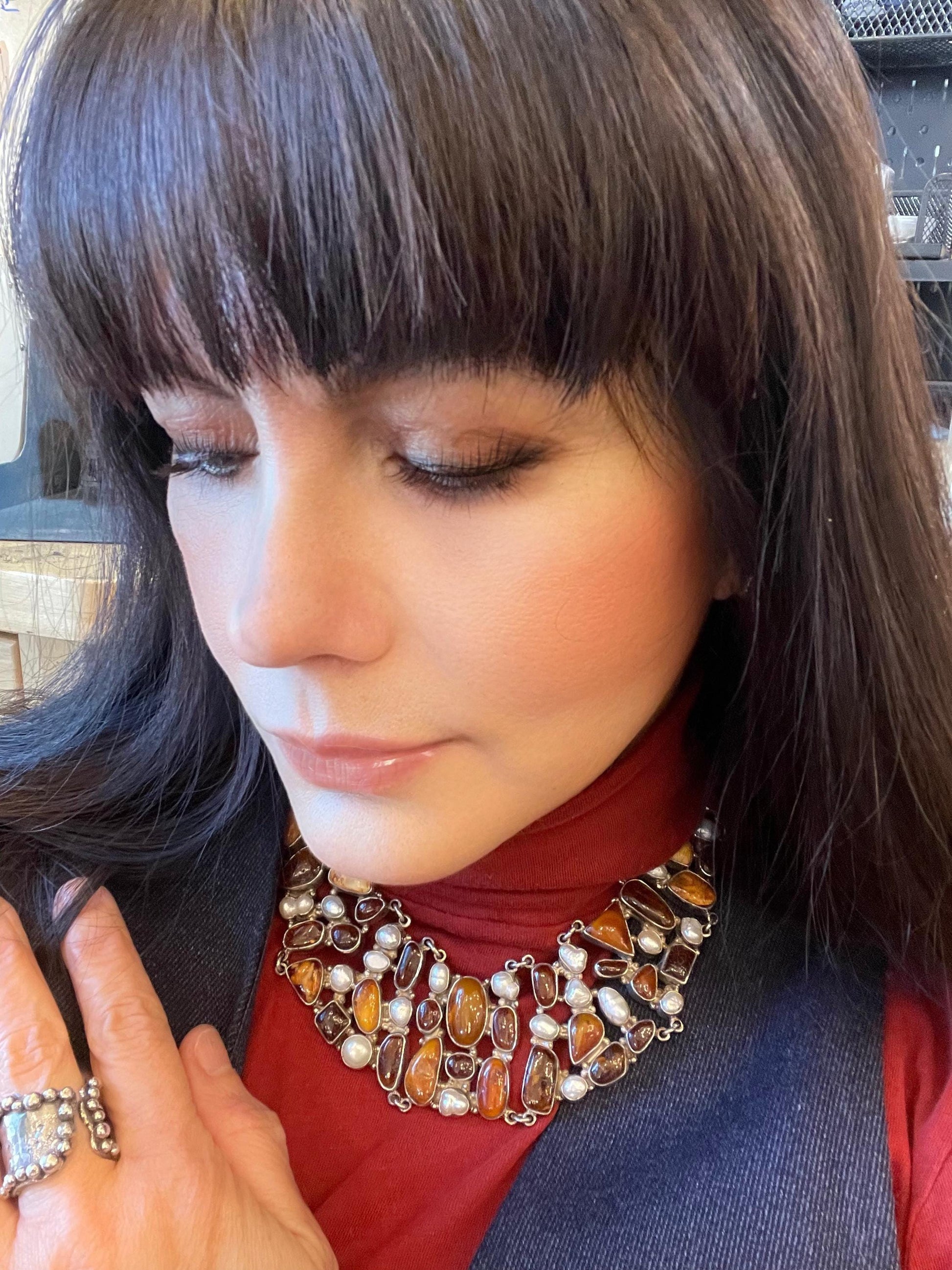 Sterling silver natural pearl natural Baltic amber collar choker necklace Colors Of Etnika