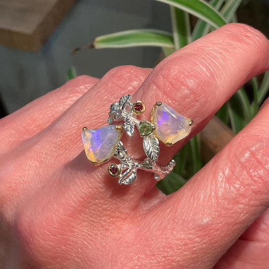 Natural rainbow opal organic twig Sterling Silver Ring 7 8 9
