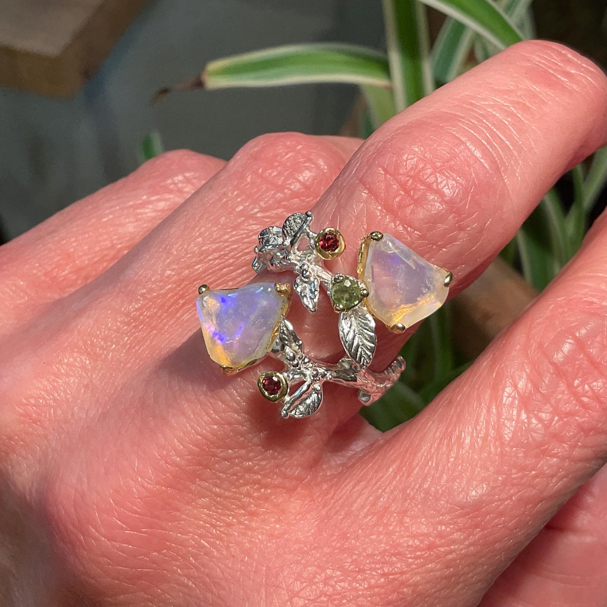 Natural rainbow opal organic twig Sterling Silver Ring 7 8 9 Colors Of Etnika