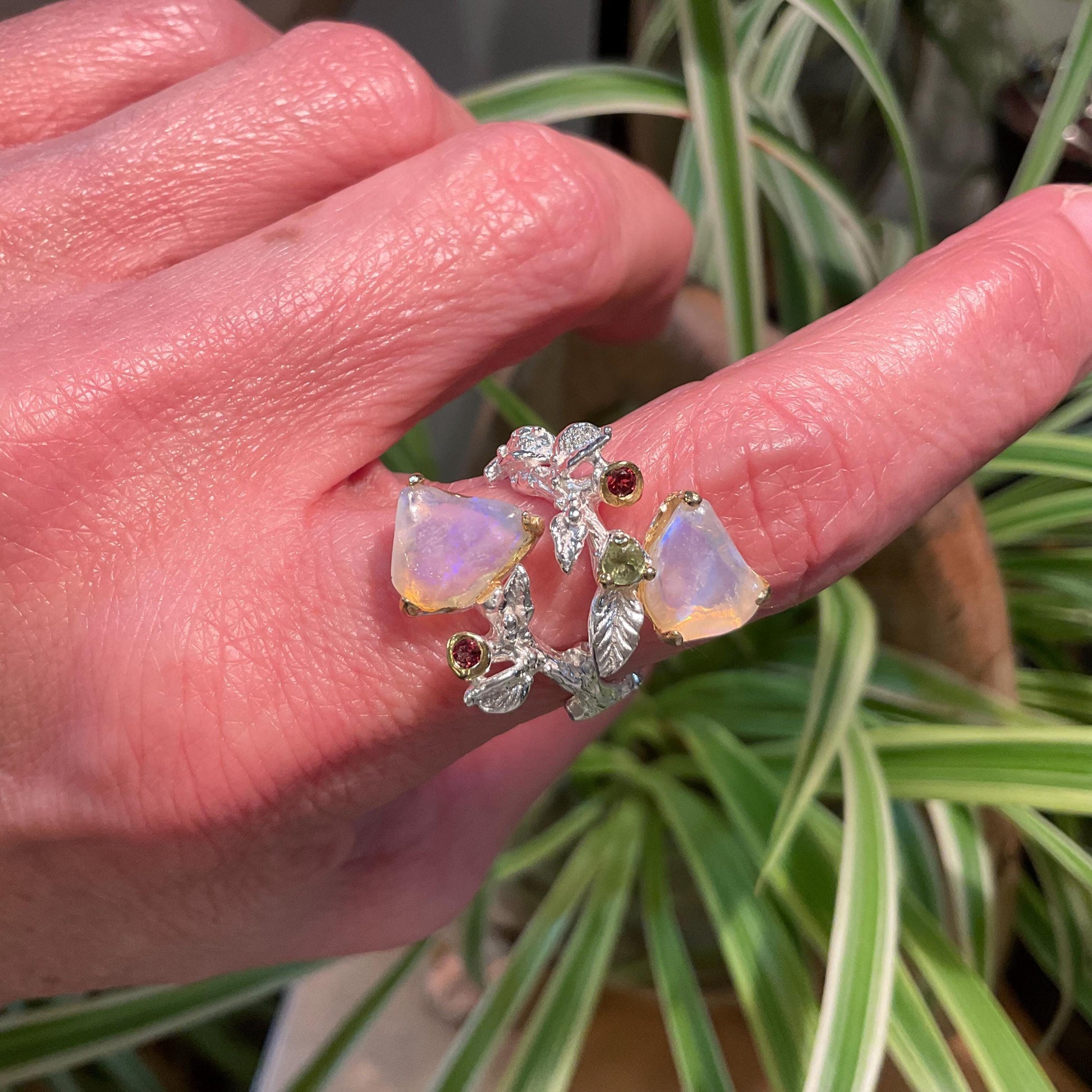 Natural rainbow opal organic twig Sterling Silver Ring 7 8 9 Colors Of Etnika