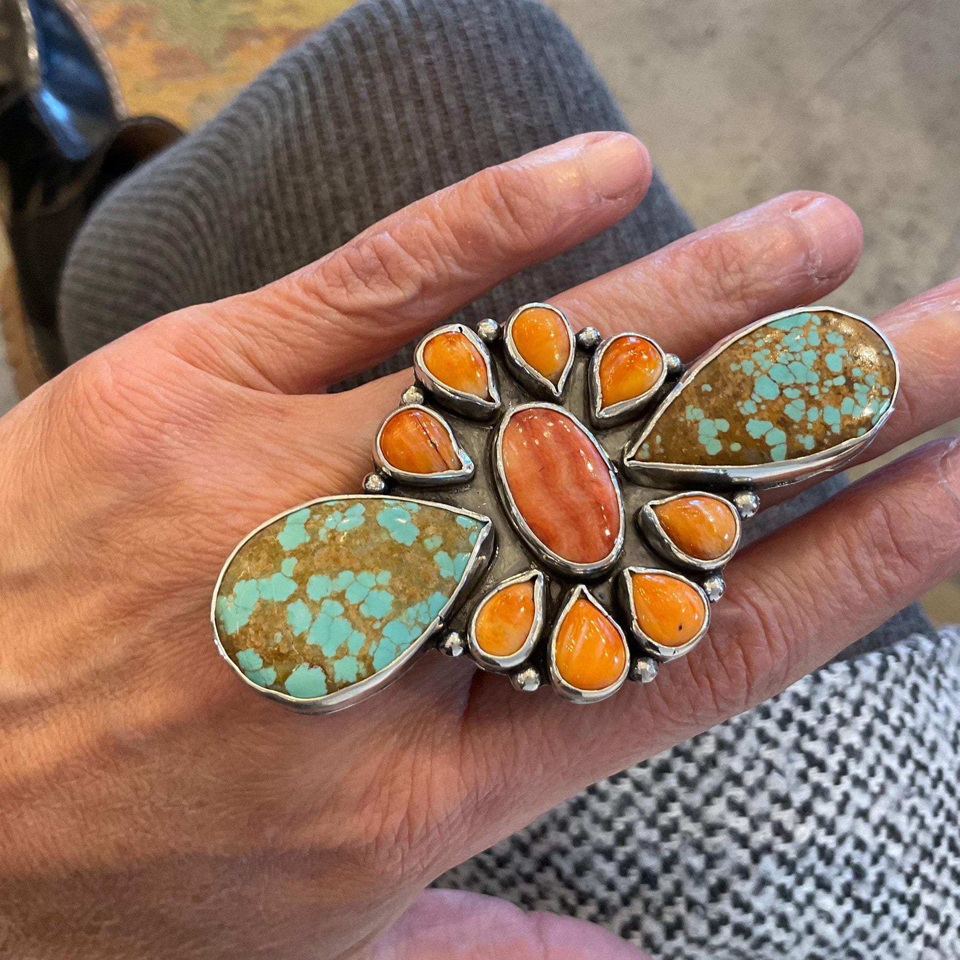 Sterling Statement turquoise spiny oyster oversize cuff ring 7-11 Colors Of Etnika