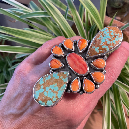 Sterling Statement turquoise spiny oyster oversize cuff ring 7-11