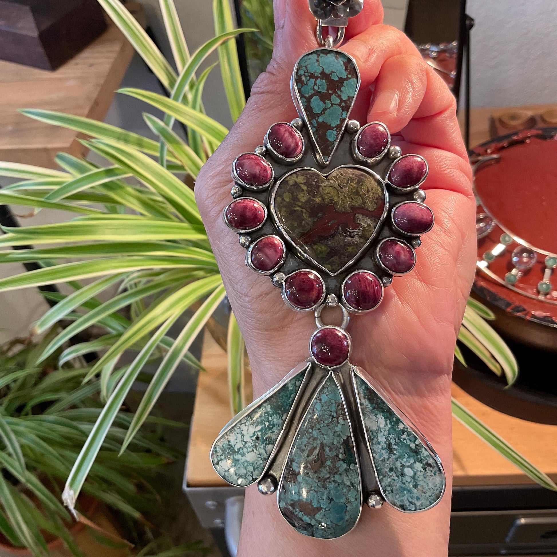 Sterling silver mix turquoise bloodstone enhancer statement 6” heart pendant Colors Of Etnika