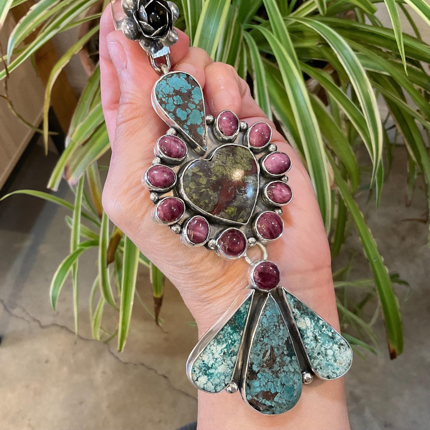 Sterling silver mix turquoise bloodstone enhancer statement 6” heart pendant Colors Of Etnika
