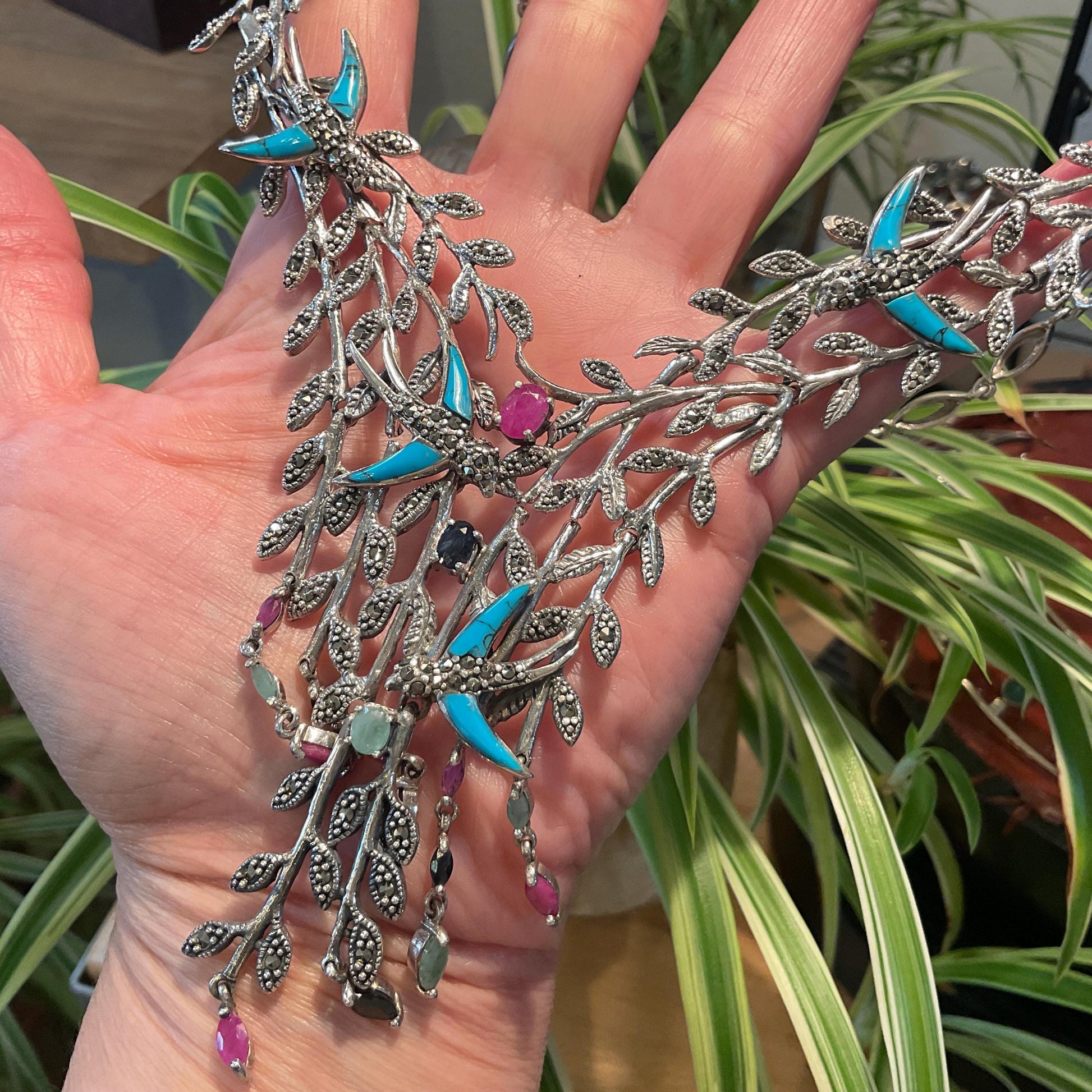 Sterling silver turquoise emerald ruby and sapphires statement necklace Colors Of Etnika