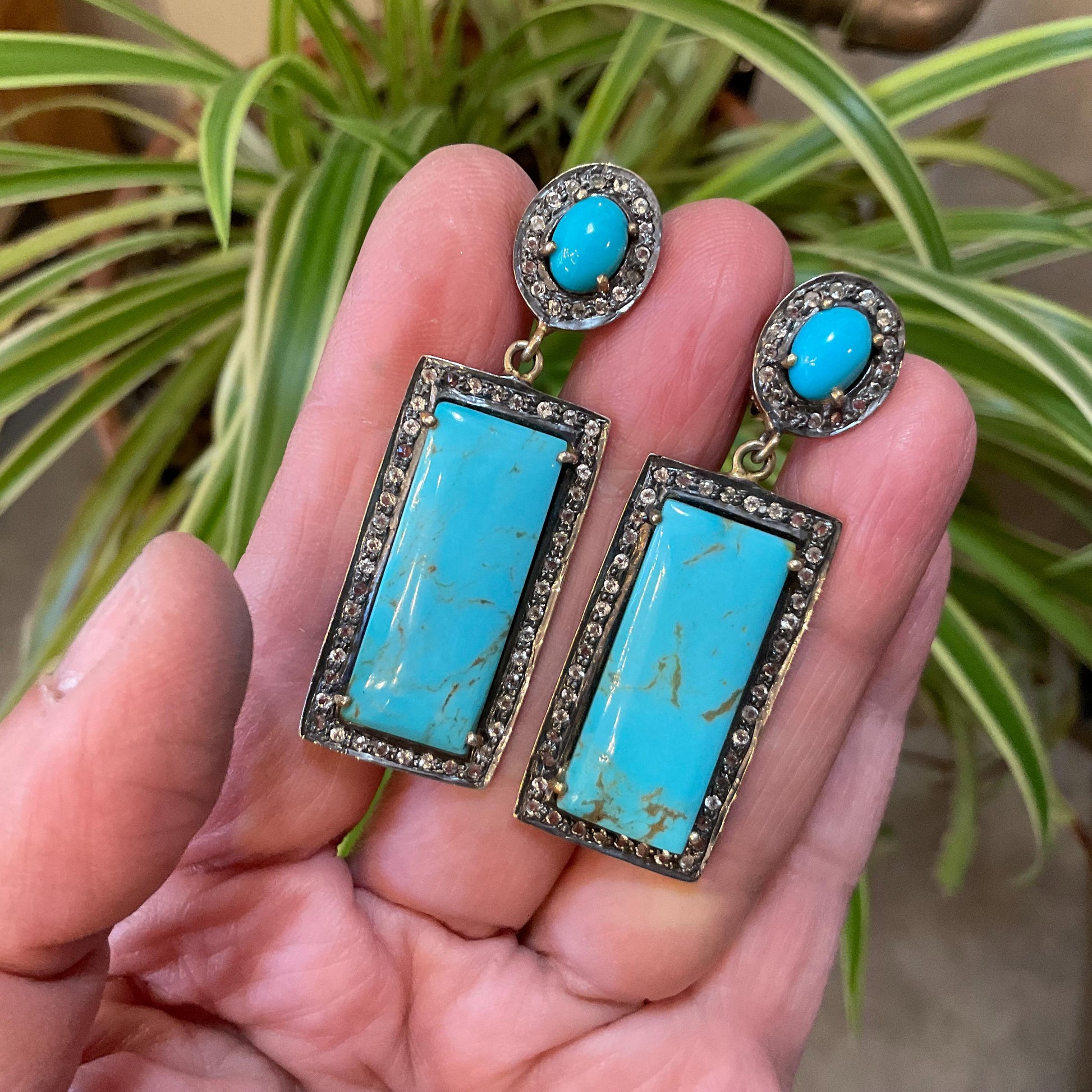 Sterling Silver rose cut diamonds turquoise vintage statement earrings Colors Of Etnika