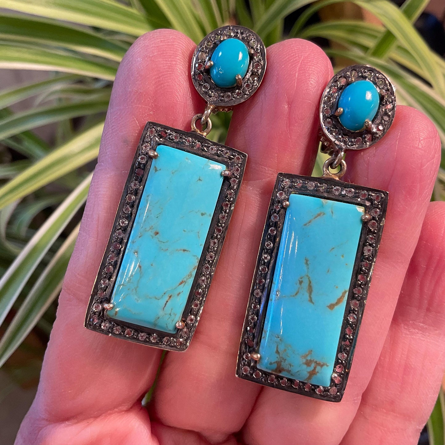 Sterling Silver rose cut diamonds turquoise vintage statement earrings Colors Of Etnika