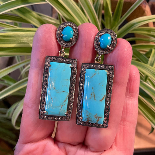 Sterling Silver rose cut diamonds turquoise vintage statement earrings