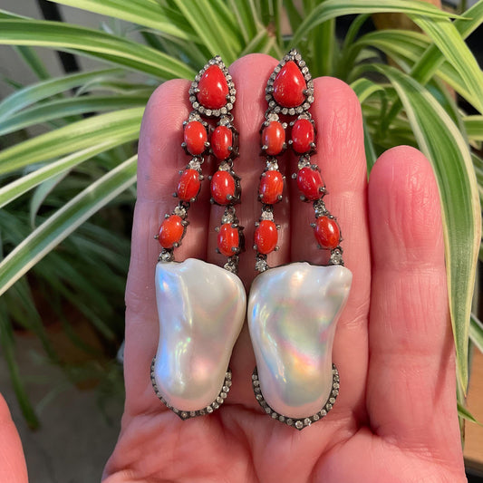 Sterling Silver natural coral baroque pearl diamond paved statement earrings