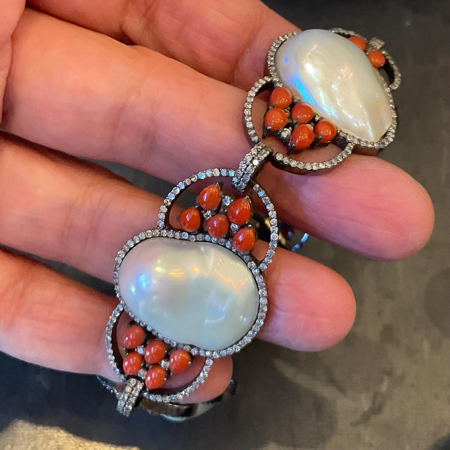 sterling silver Natural Italian coral baroque pearl diamond paved Bracelet Colors Of Etnika