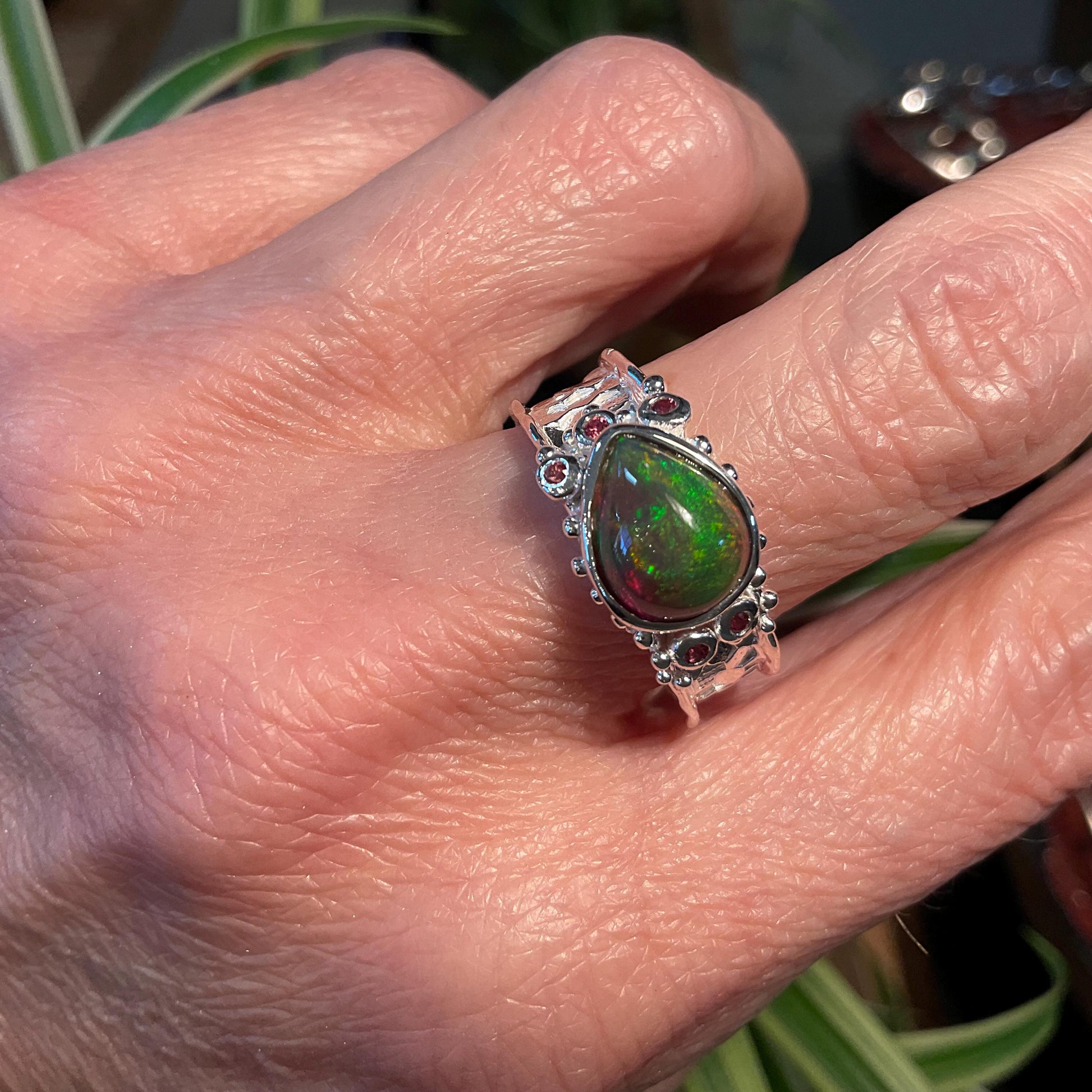 Natural black fire opal rhodolite Sterling Silver Ring 8 Colors Of Etnika