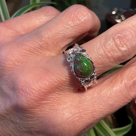 Natural black fire opal rhodolite Sterling Silver Ring 8
