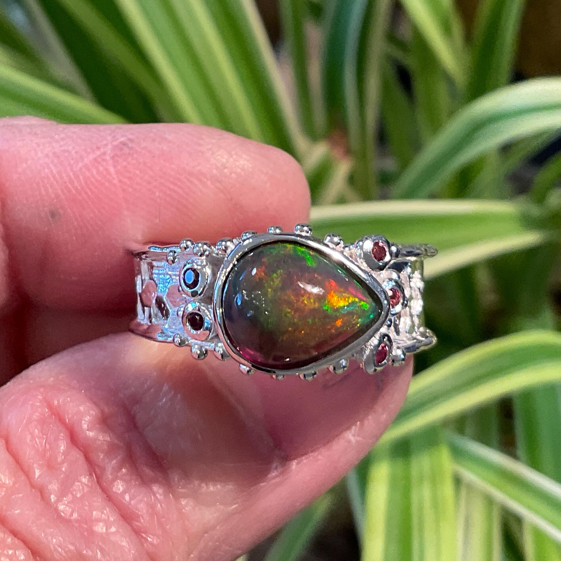 Natural black fire opal rhodolite Sterling Silver Ring 8 Colors Of Etnika