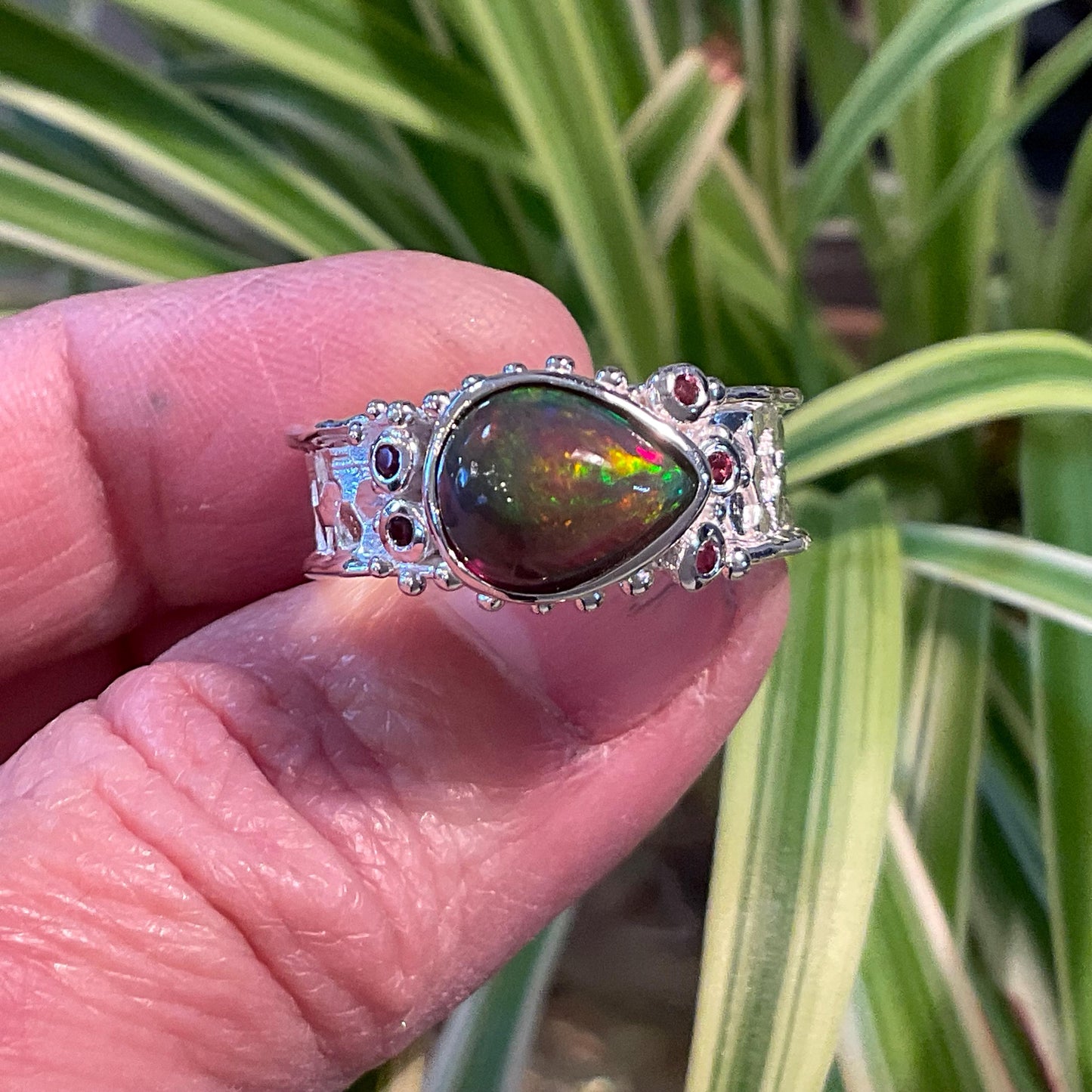Natural black fire opal rhodolite Sterling Silver Ring 8 Colors Of Etnika