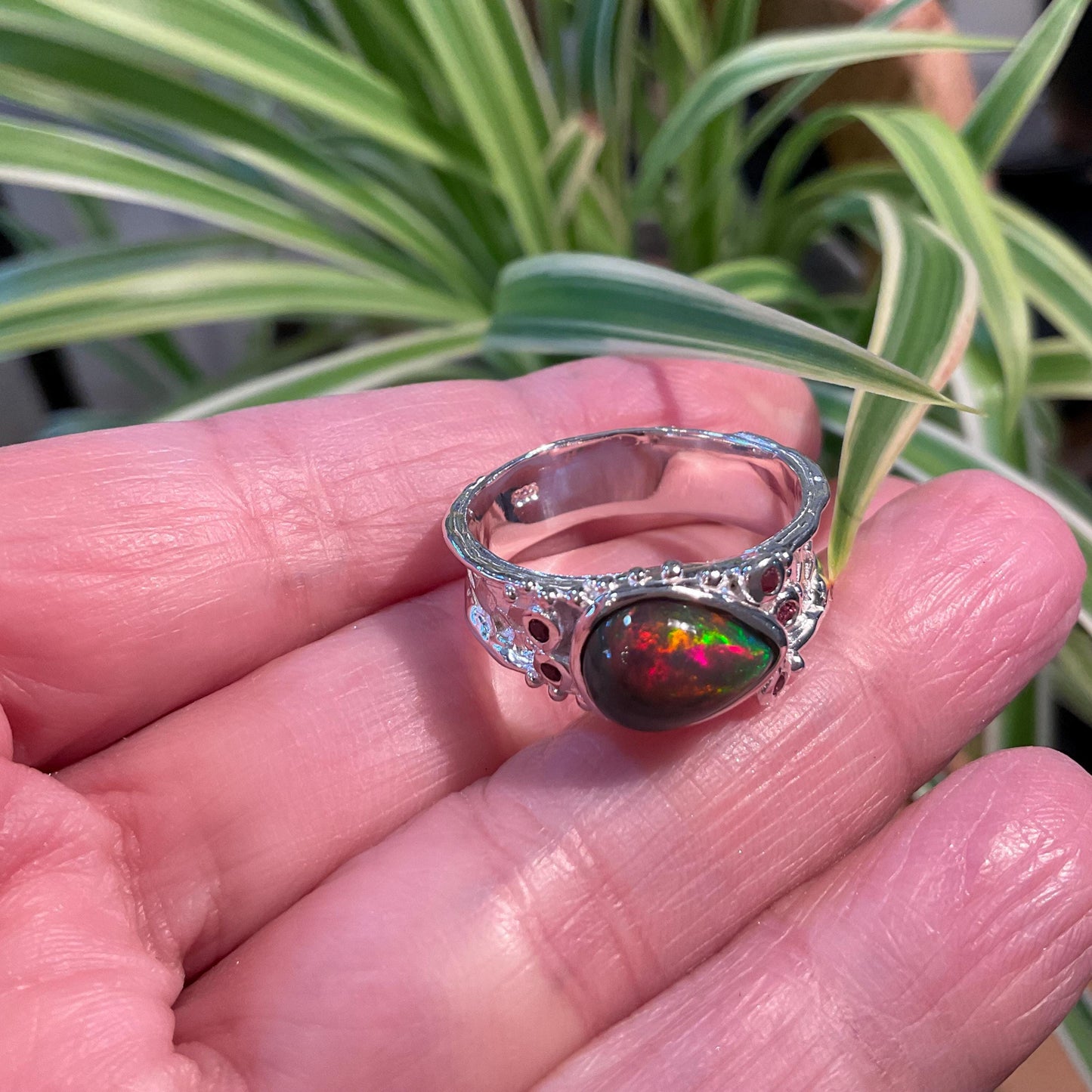 Natural black fire opal rhodolite Sterling Silver Ring 8 Colors Of Etnika