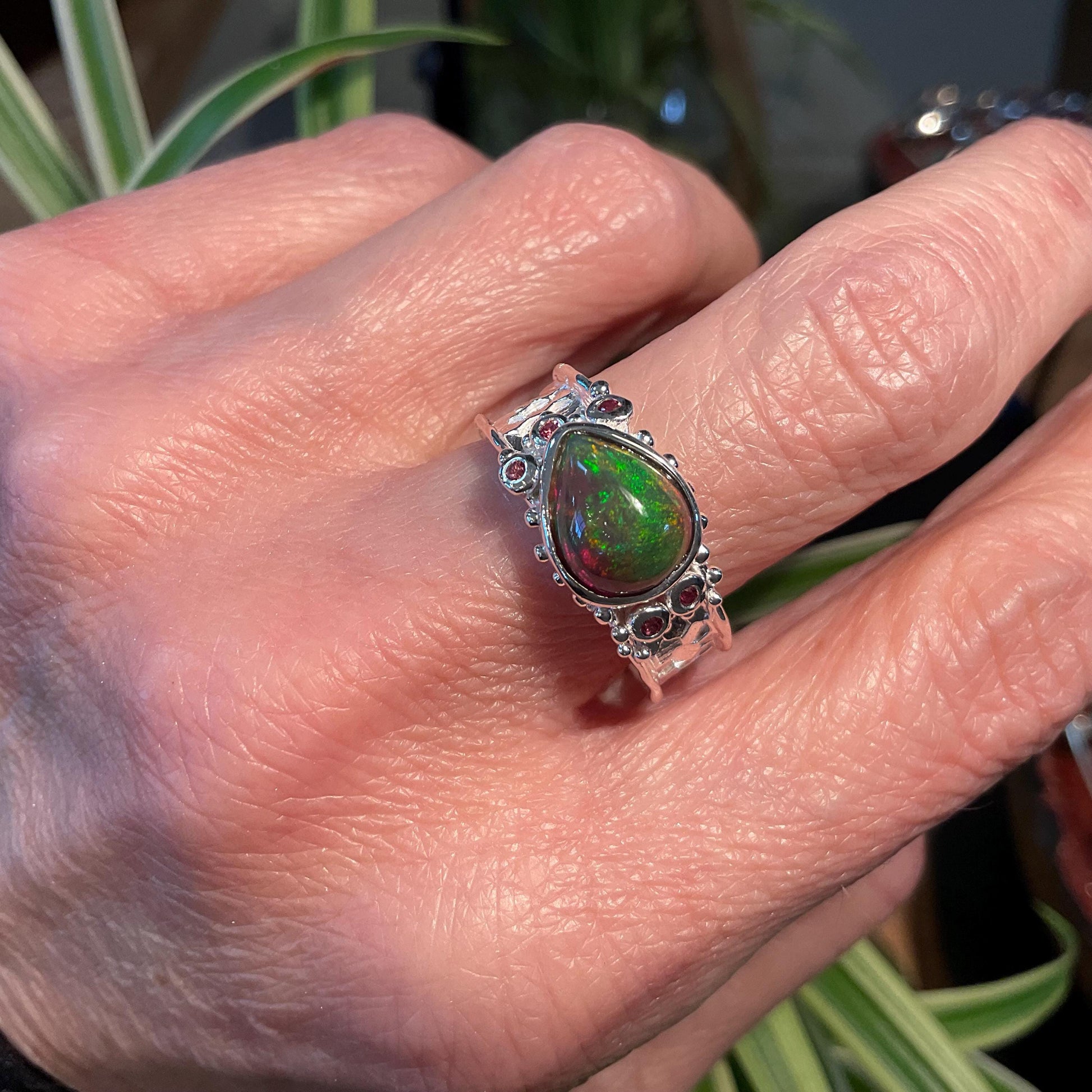 Natural black fire opal rhodolite Sterling Silver Ring 8 Colors Of Etnika