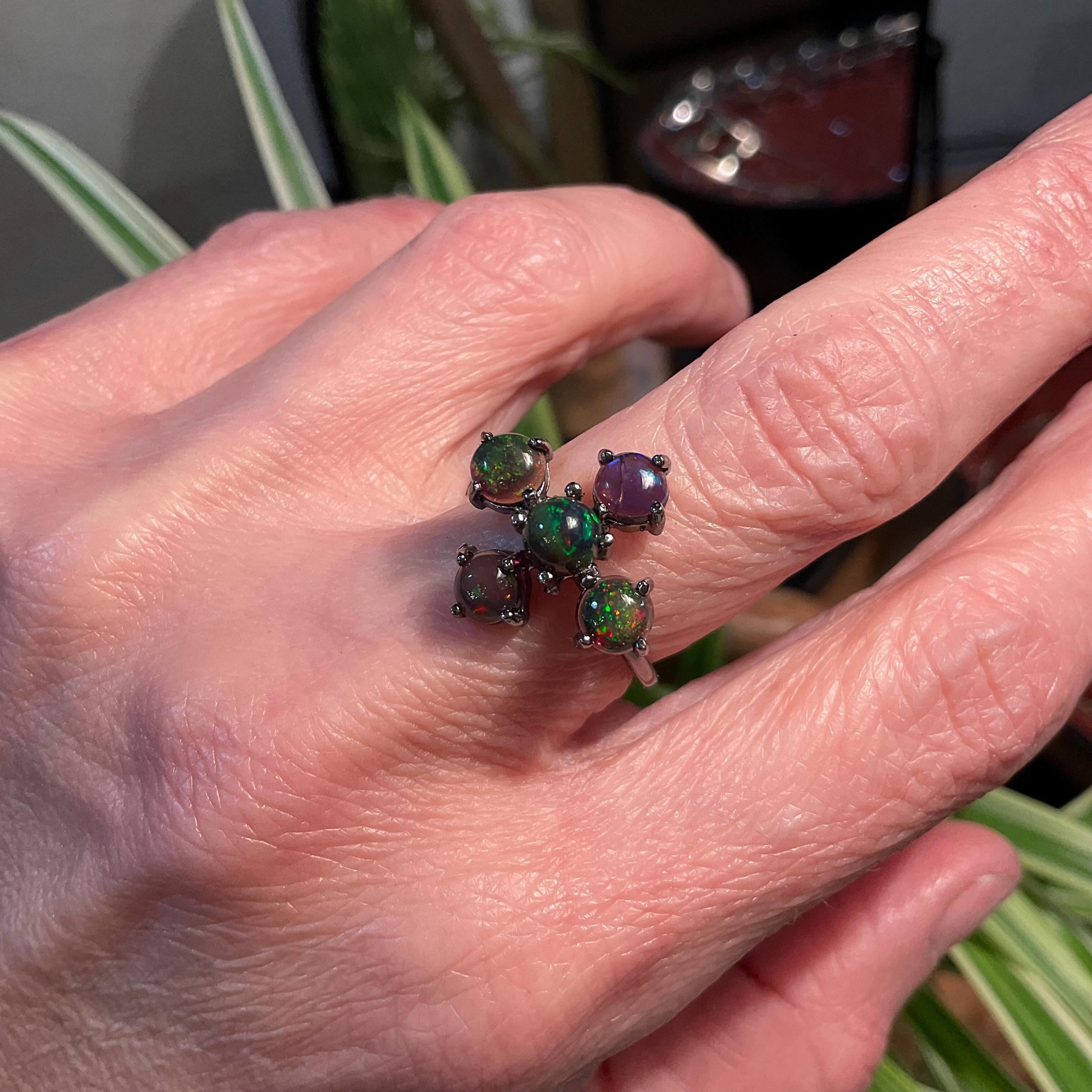 Sterling Silver Black flash black Opal Cross  Ring Size 6.5 Colors Of Etnika