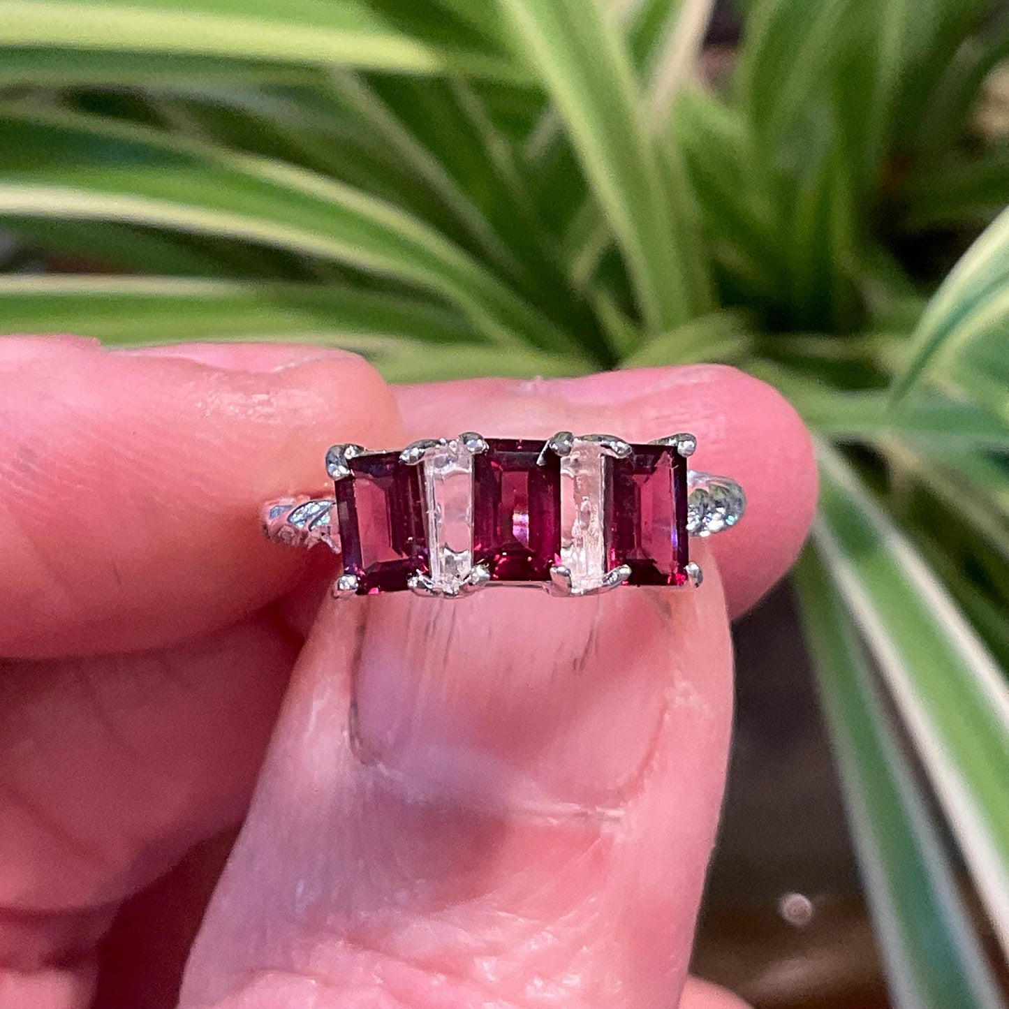 Handmade Sterling silver Natural Rhodolite baguette cut ring 5.5 Colors Of Etnika