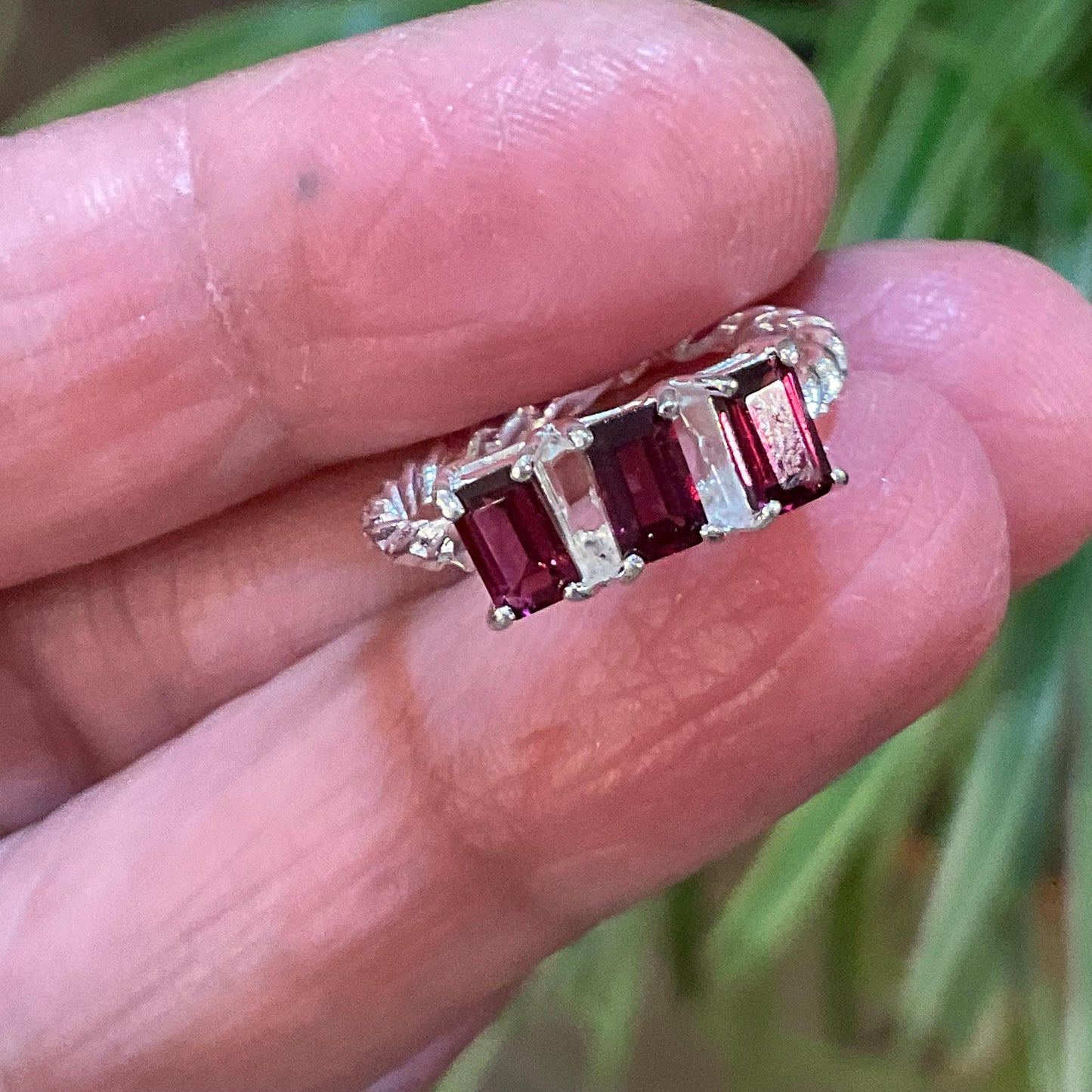 Handmade Sterling silver Natural Rhodolite baguette cut ring 5.5 Colors Of Etnika