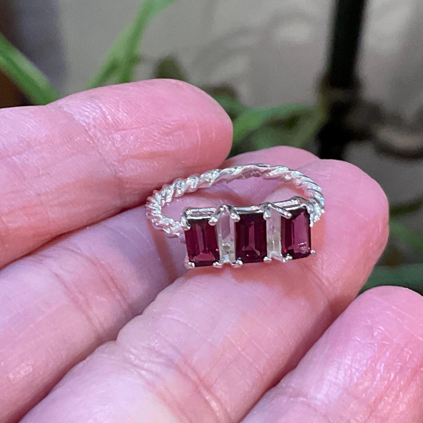 Handmade Sterling silver Natural Rhodolite baguette cut ring 5.5 Colors Of Etnika