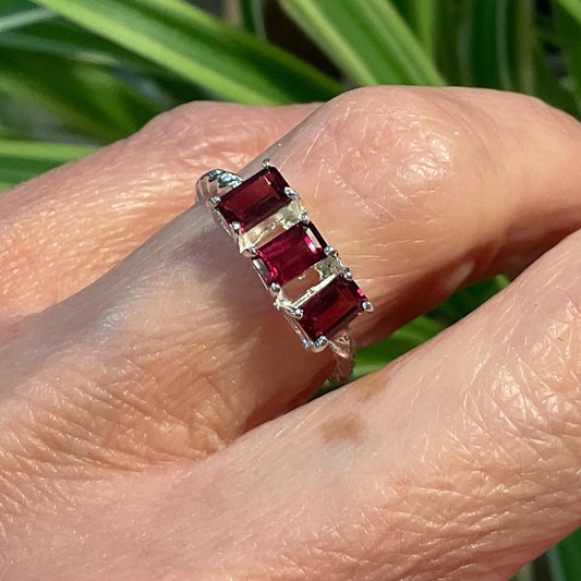Handmade Sterling silver Natural Rhodolite baguette cut ring 5.5