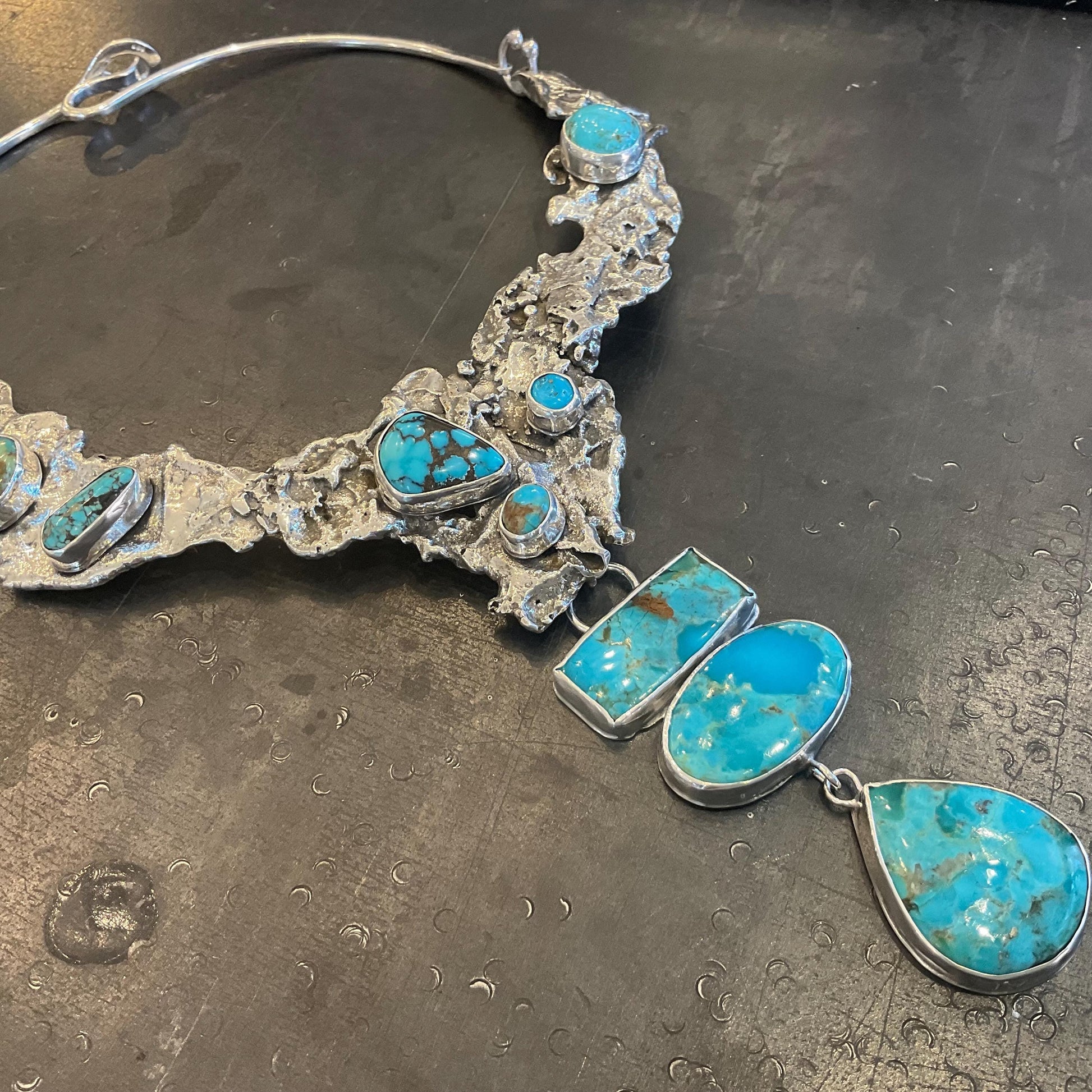 Sterling silver natural turquoise brutalist artisan choker necklace Colors Of Etnika